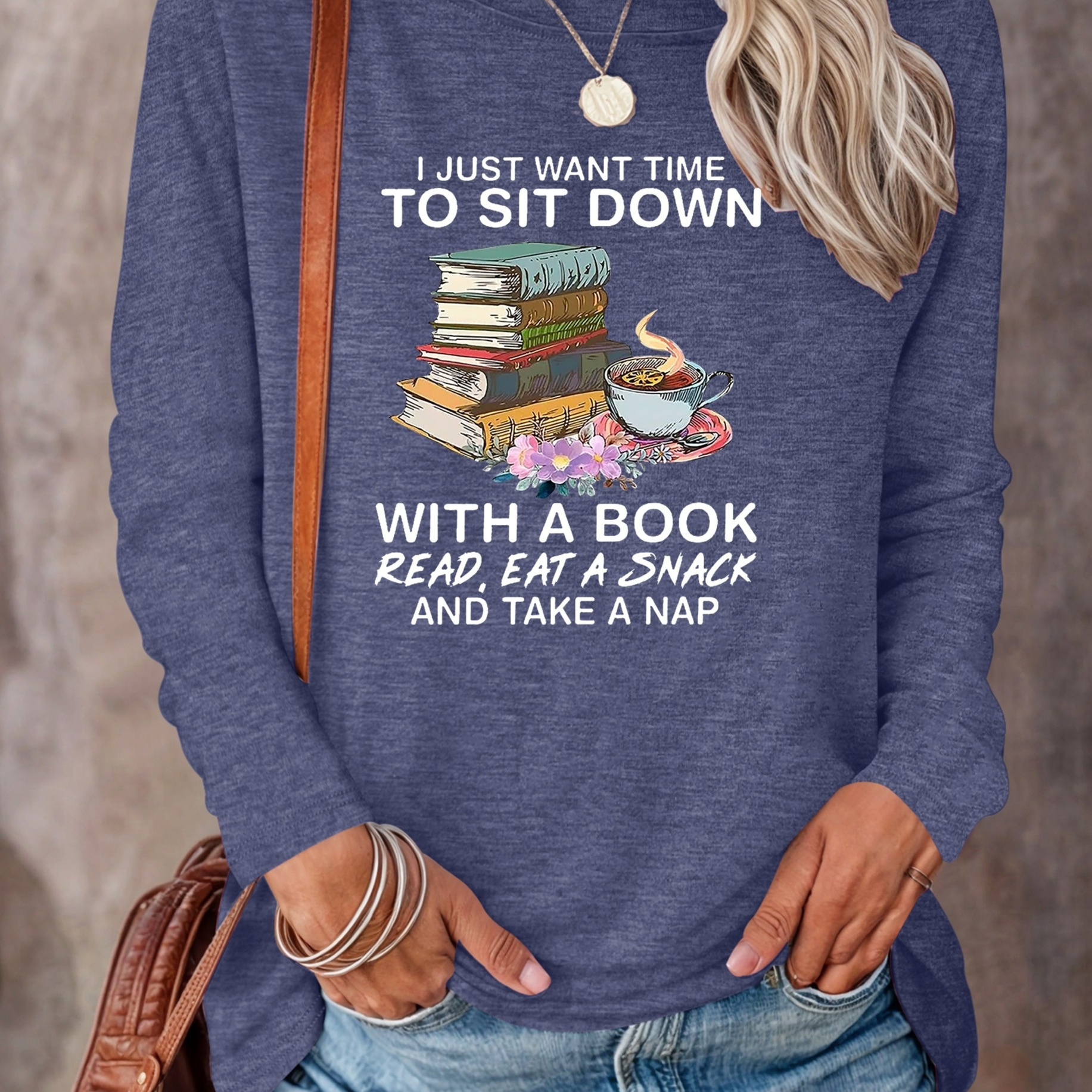 

Book Print T-shirt, Long Sleeve Crew Neck Casual Top For Spring & Fall, Women's Clothing