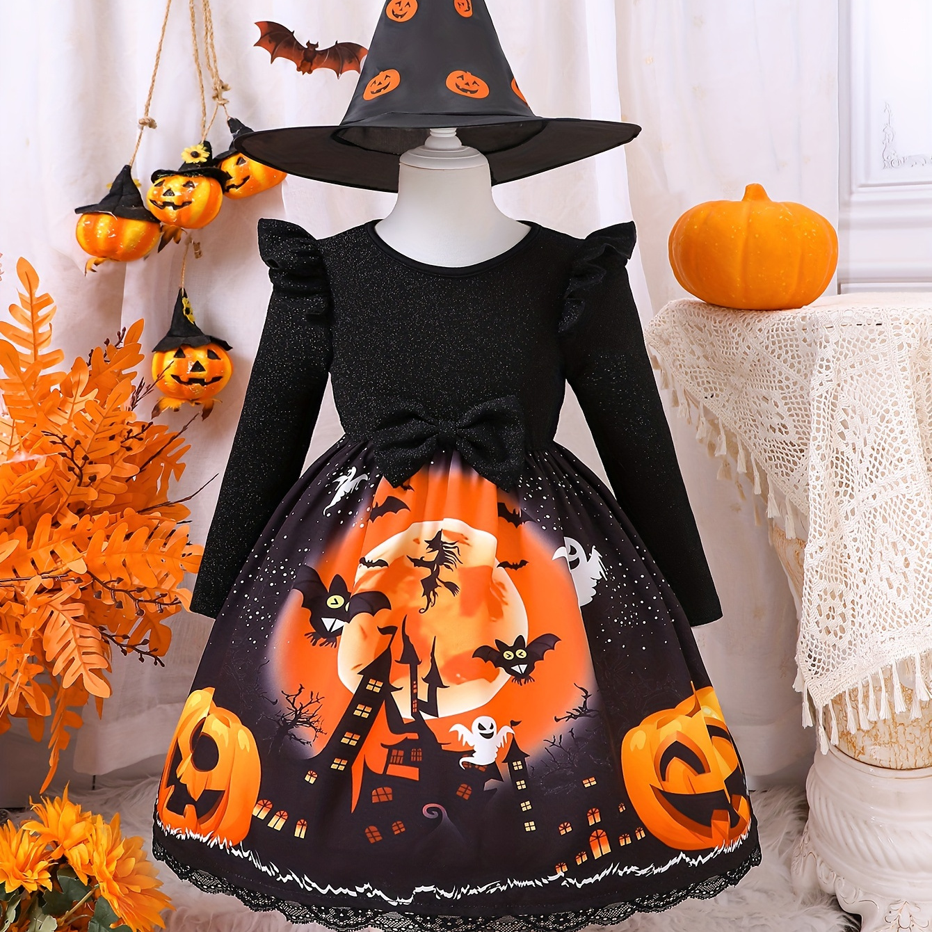 

& Fun Long Sleeve Sleeve Pumpkins & Pattern Belted & Pointed Hat For Halloween