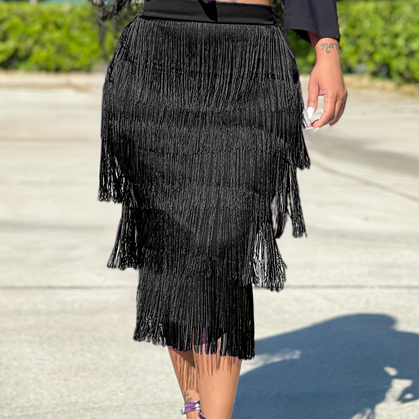 Solid Tassel Layered Skirt, Casual High Waist Skirt For Spring & Summer, Women's Clothing