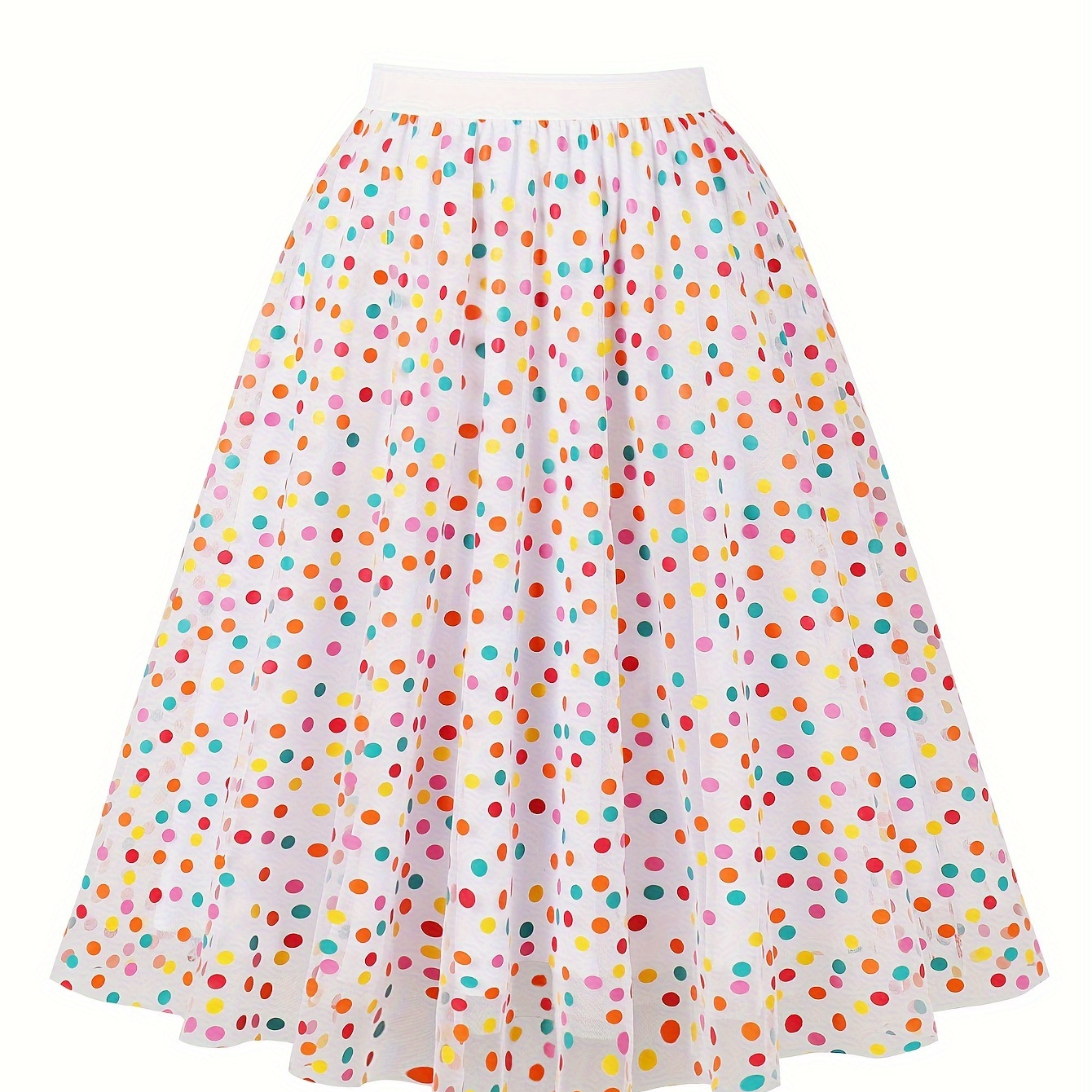 

Jupe midi à taille élastique élégante avec imprimé à pois coloré, en tulle à volants, vêtement pour femmes