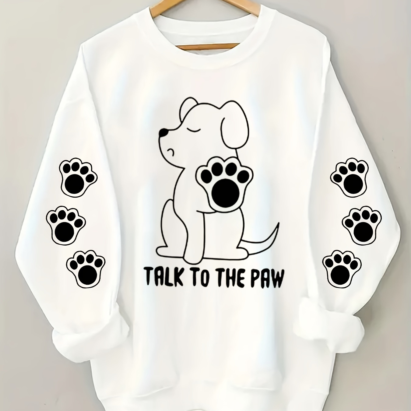 

Plus Size Puppy & Paw Print Sweatshirt, Casual Crew Neck Long Sleeve Pullover Sweatshirt For Fall & Spring, Women's Plus Size Clothing