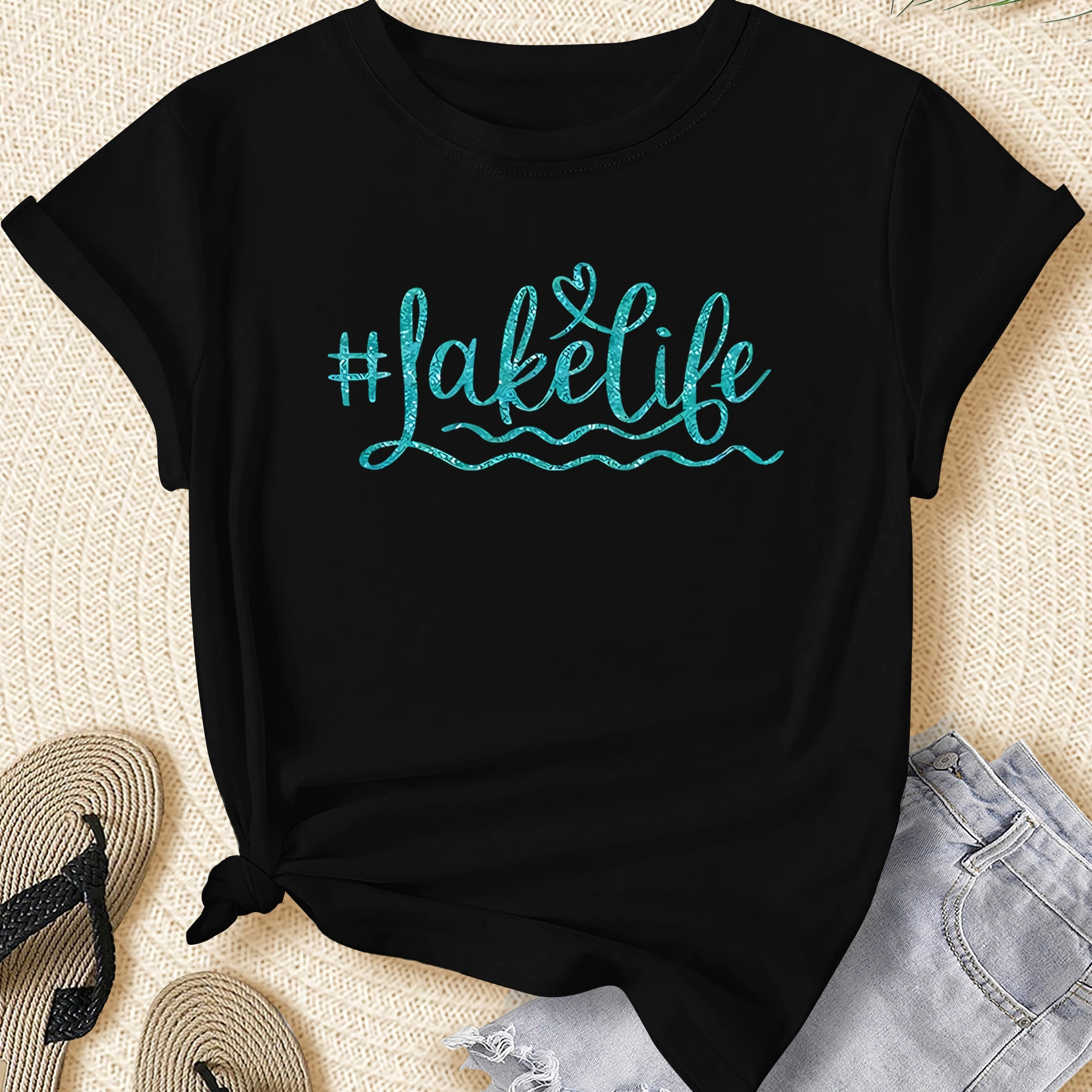 

Women's Plus Size Casual Sporty T-shirt, Lake Life Letter Print, Comfort Fit Short Sleeve Tee, Fashion Breathable Casual Top