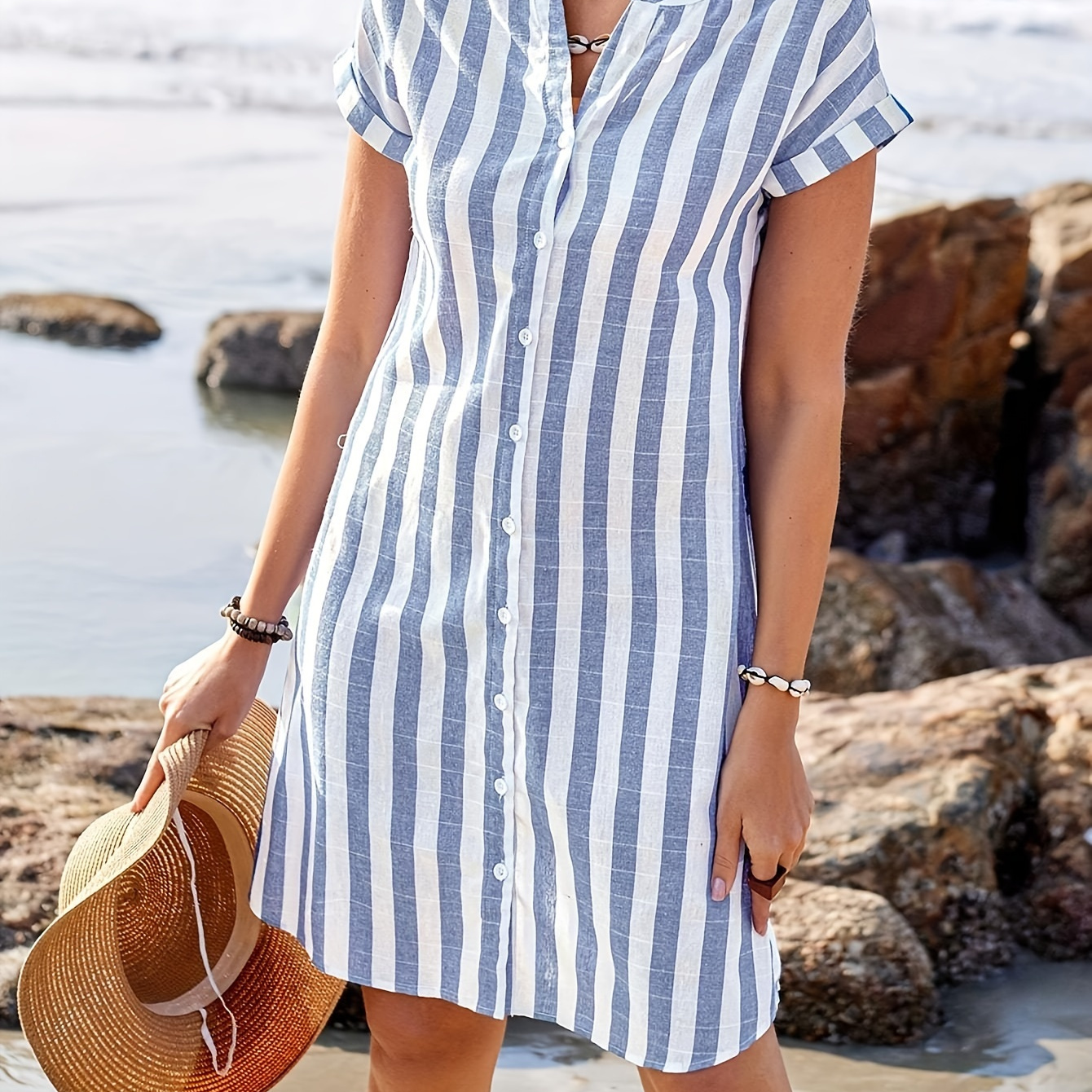 

Robe chemise ample à boutons rayés sur le devant, robe décontractée à manches courtes pour le printemps et l'été, vêtements pour femmes.