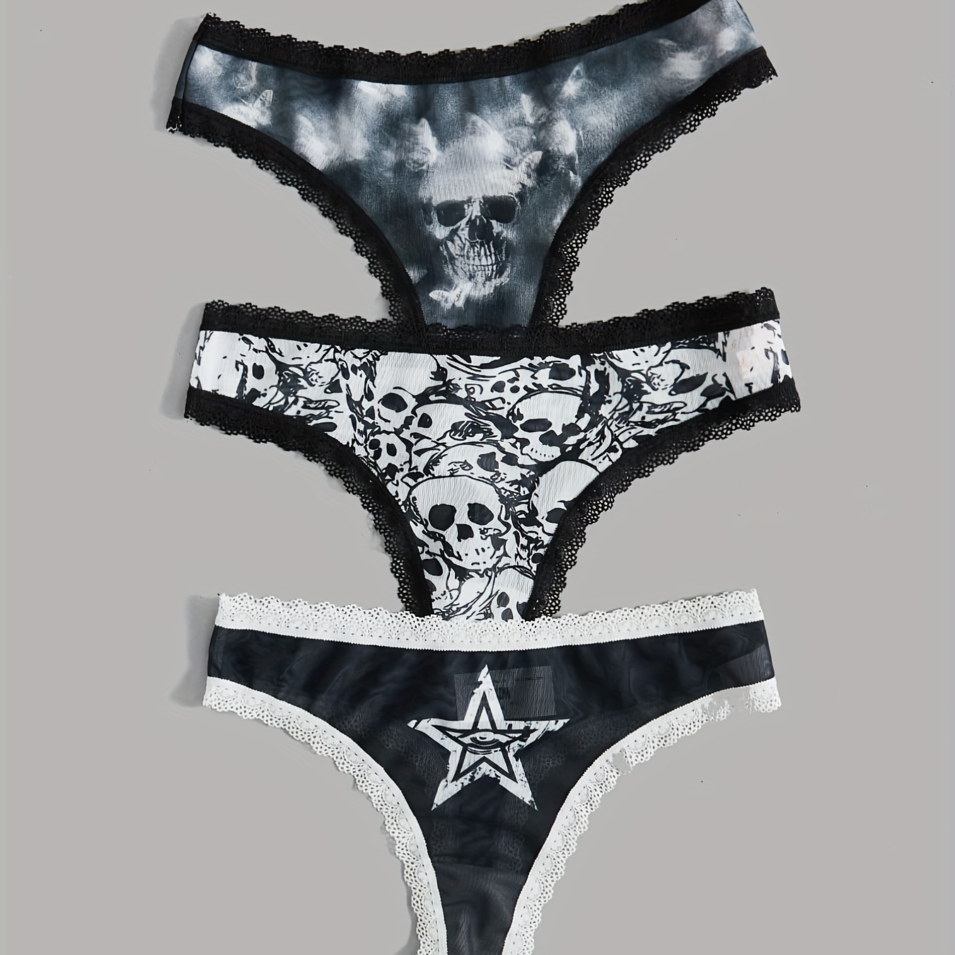 

3pcs Comfortable Skull Pattern Thongs With Delicate Lace Trim For Women's Lingerie And Underwear