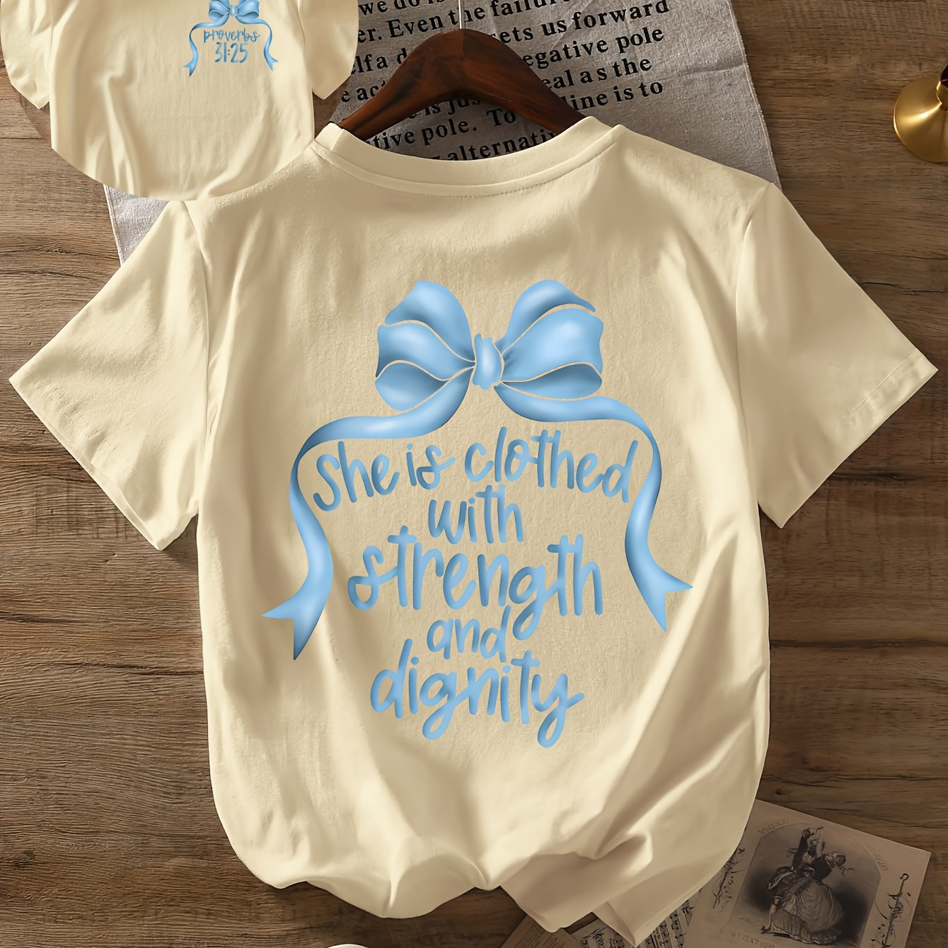 Women's Light Yellow Bible Verse Prayer Graphic Print T-Shirt - 2 Corinthians 12:10 Inspirational Quote & Butterfly Bow Design, Casual Short Sleeve Round Neck Summer Top, Machine Washable Faith-Based Apparel, Everyday Comfort Clothing, Nontransparent Material, Religious Wear, Breathable Material, Faith Community