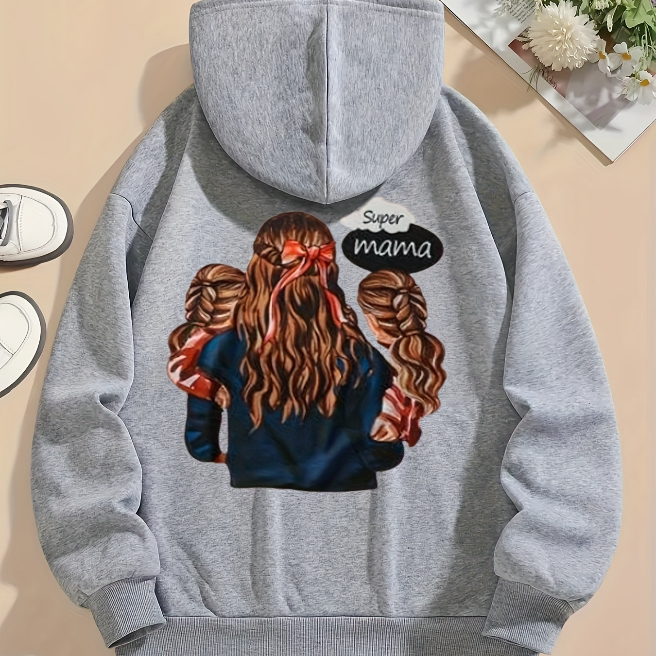 

Chic Portrait Graphic Hoodie For Women - Casual Long Sleeve Pullover With Drawstring, Machine Washable Polyester