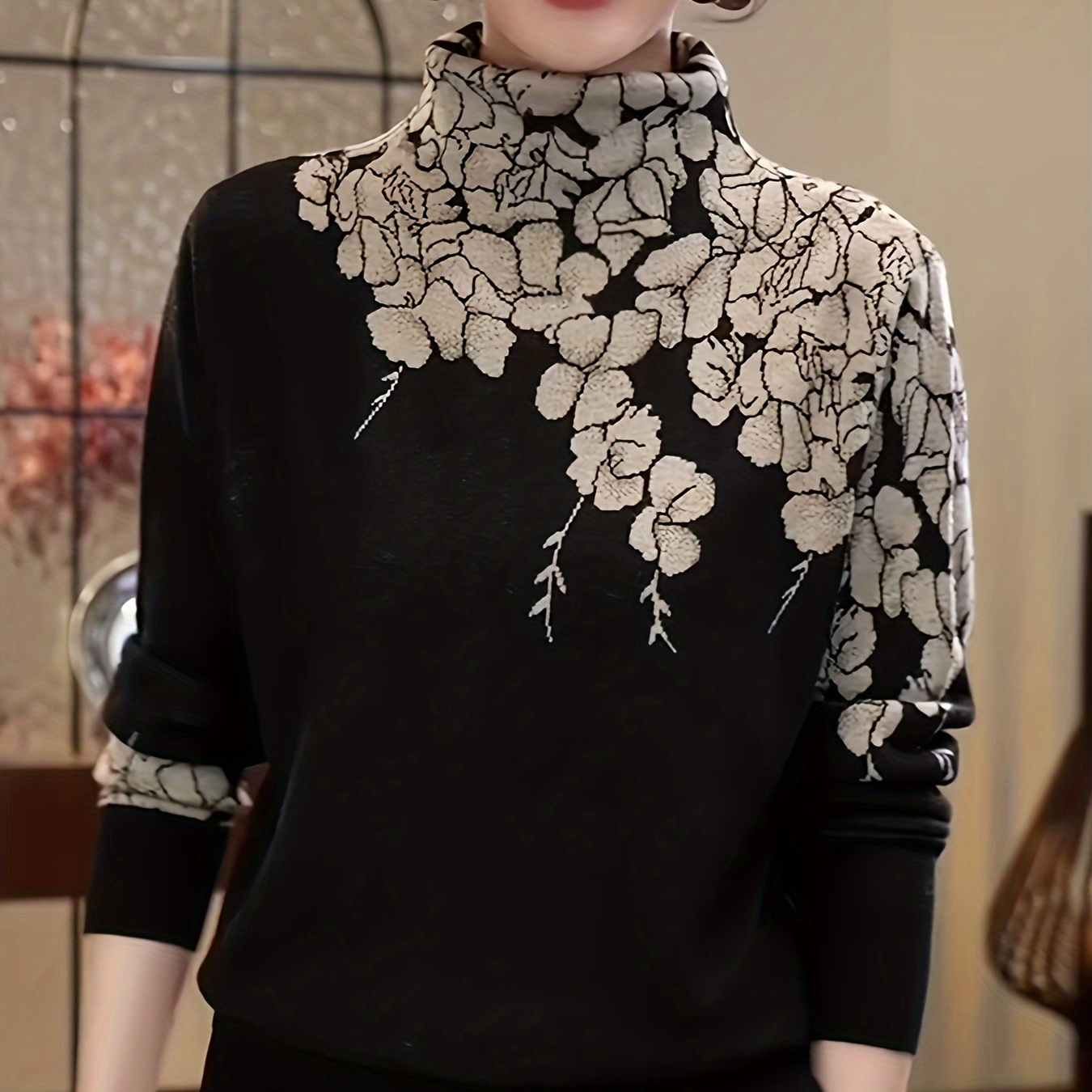 

Floral Pattern Mock Neck Sweater, Casual Long Sleeve Sweater For Fall & Winter, Women's Clothing