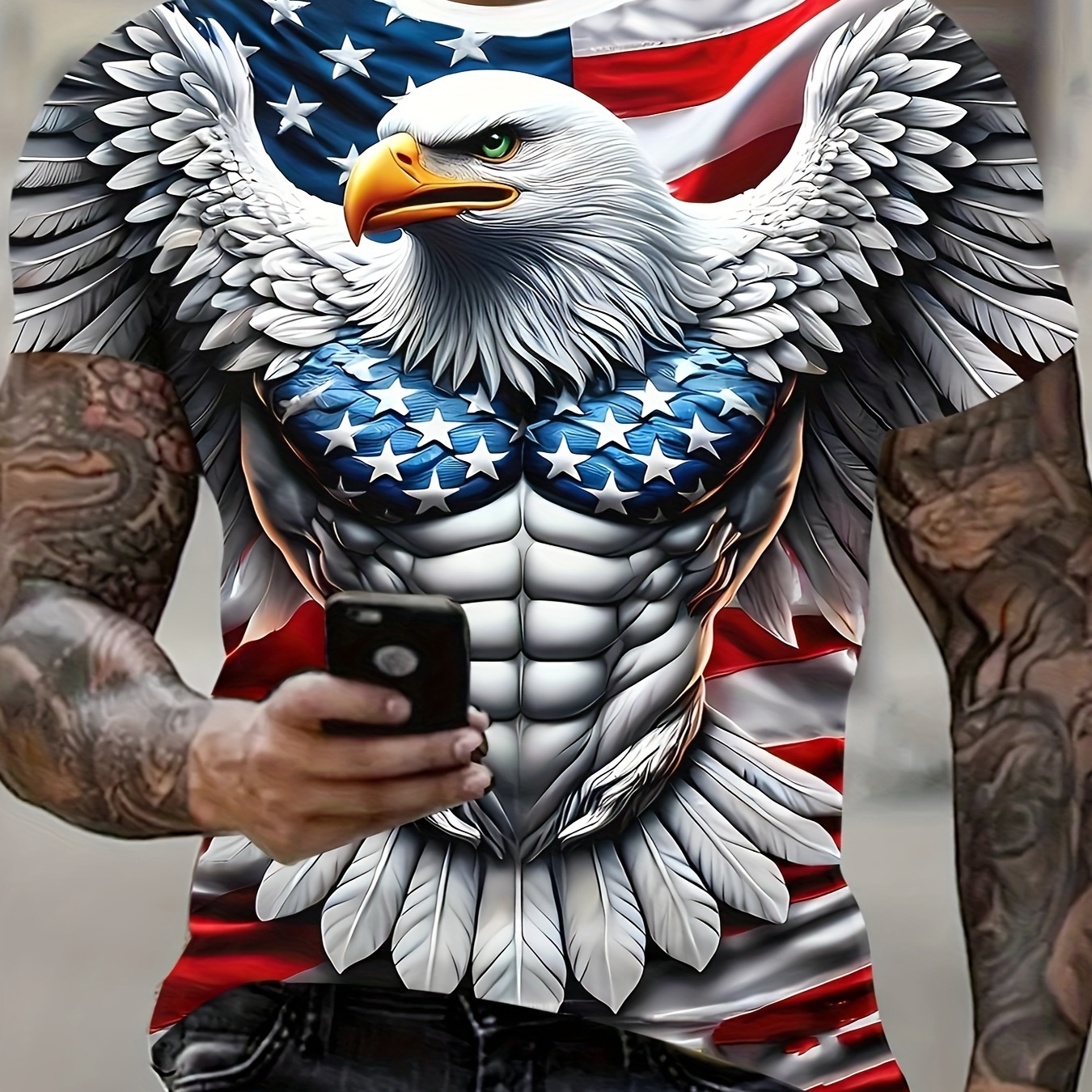 

Men's Patriotic 3d Eagle & American Flag Print T-shirt - Casual, Comfortable Polyester, Short-sleeved Pullover For Summer Outdoor Activities, American Flag Clothes