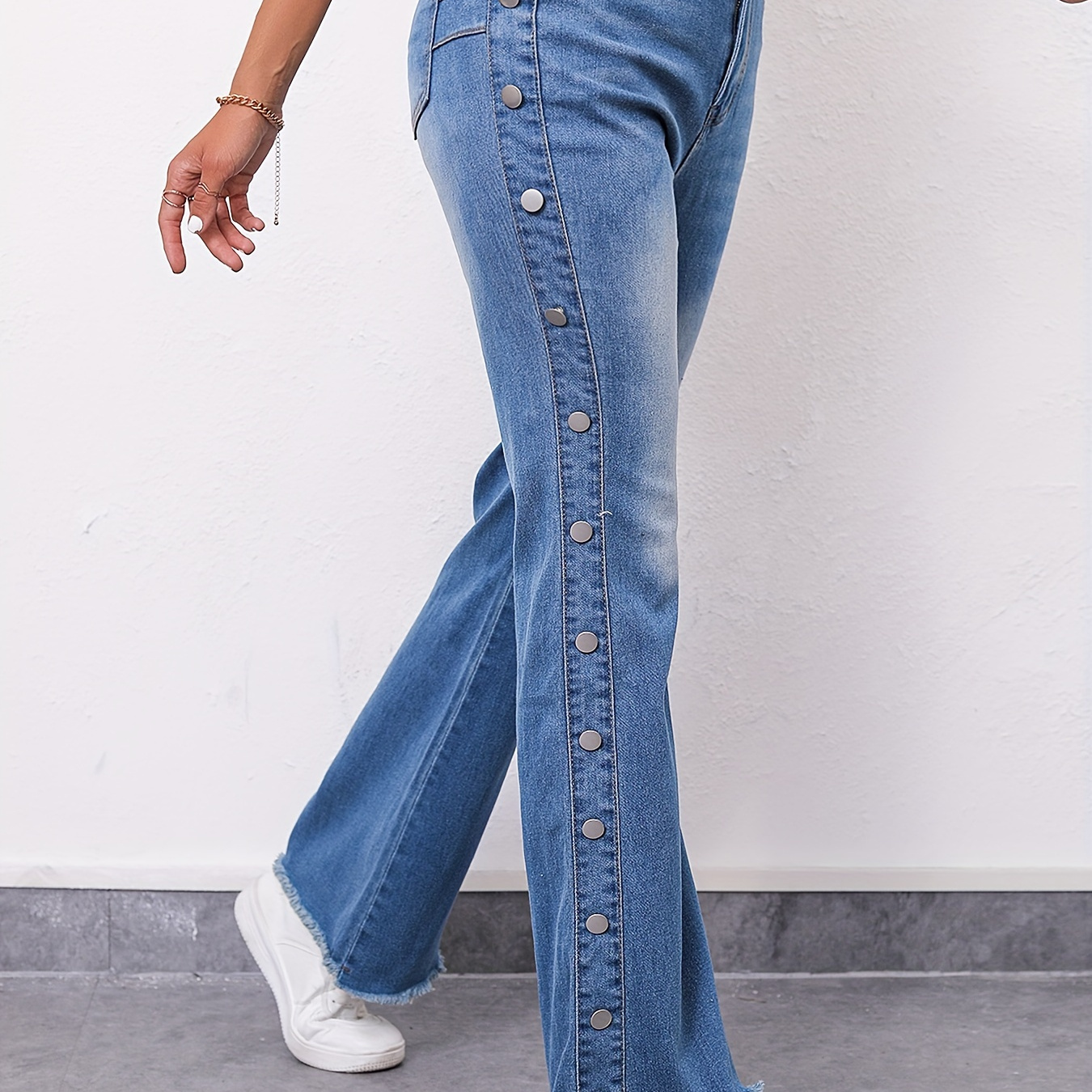 

Studded Detail Raw Hem Flare Denim Pants, High Strech High Waist Street Style Jeans, Women's Denim Jeans & Clothing
