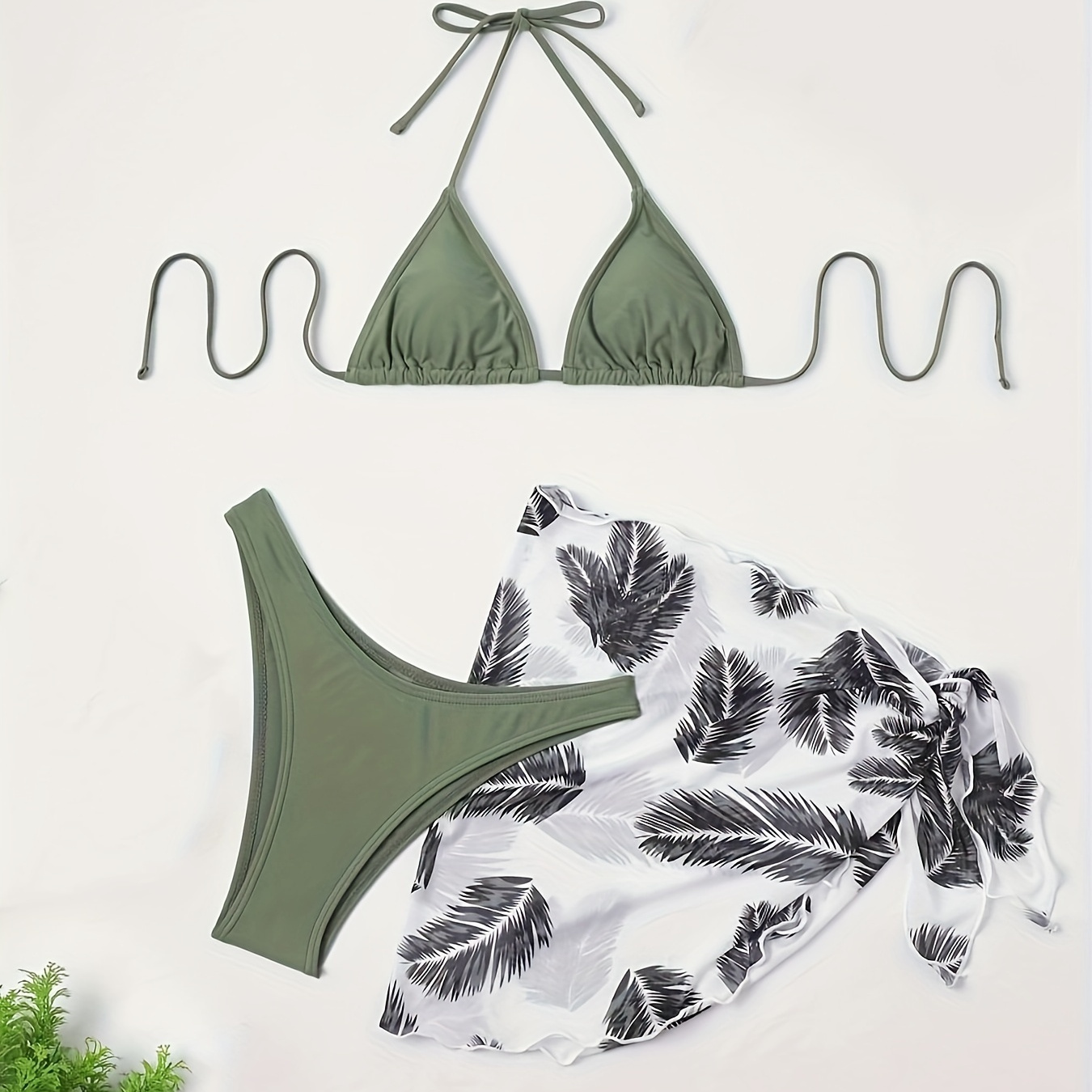 

Women's Solid Color Bikini And Printed Sheer Sarong 3-piece Set, Halter Neck, Summer Beachwear, Quick-dry Swimwear