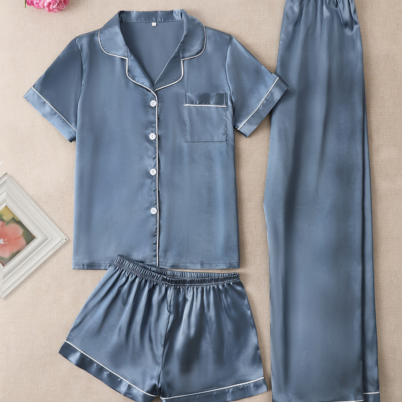 

Women' Satin Casual Pajama Set, Short Sleeve Buttons Lapel Top & Shorts & Pants, Comfortable Relaxed Fit