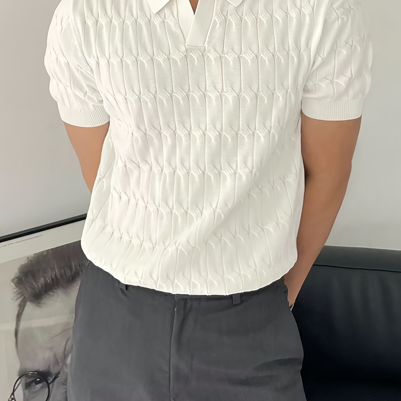 

Men' Color Textured Lapel Sweater For Autumn And Spring, Casual Top As Gift