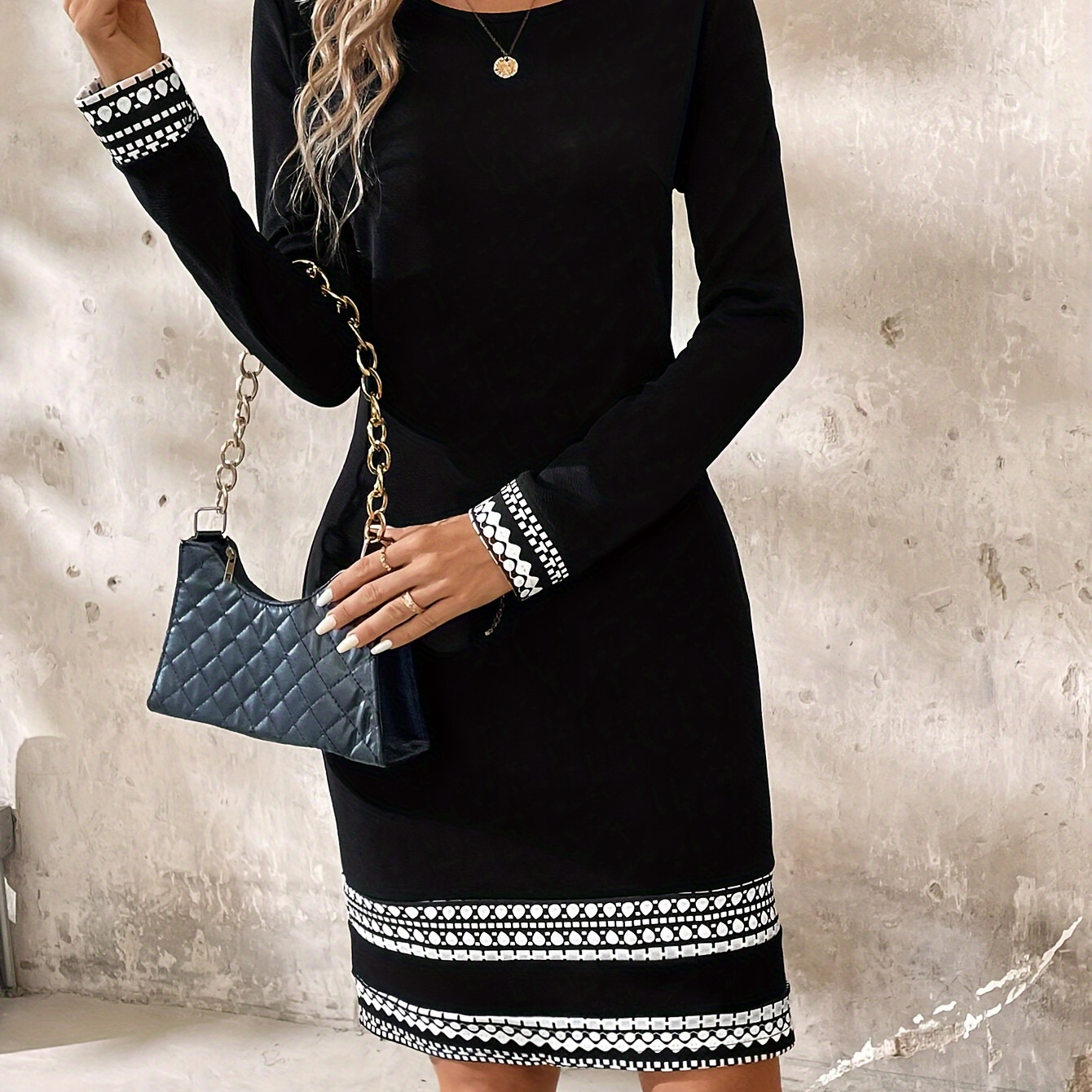 

Geo Print Long Sleeve Dress, Casual Crew Neck Dress For Spring & Fall, Women's Clothing