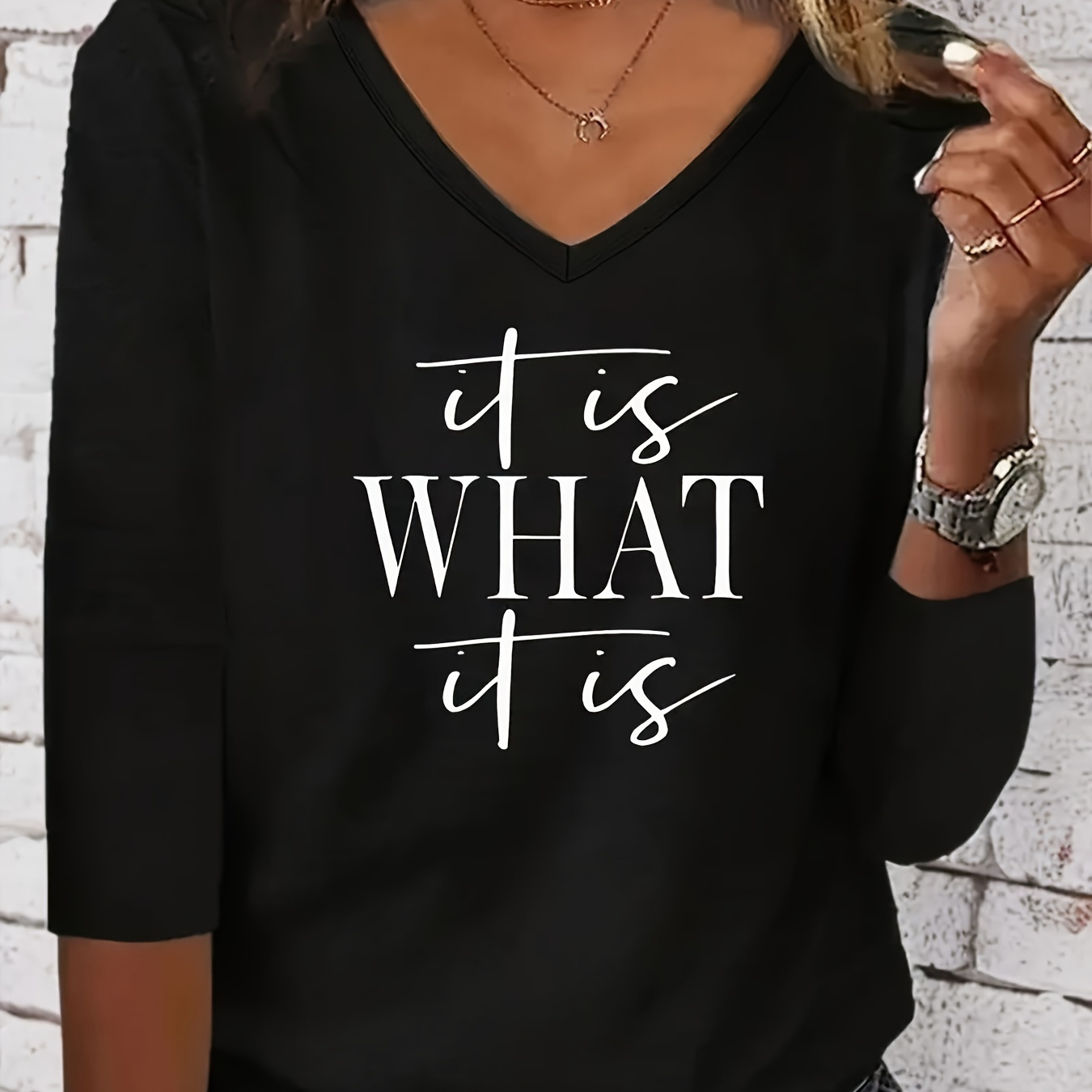 

Plus Size V-neck Long Sleeve T-shirt Casual Polyester Knit With Letter Print For Women, Suitable For All