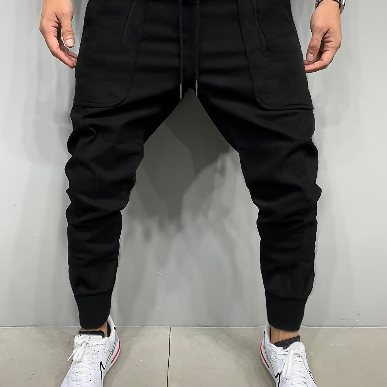 

Men's Solid Pants With Pockets, Casual Drawstring Joggers For Outdoor Activities