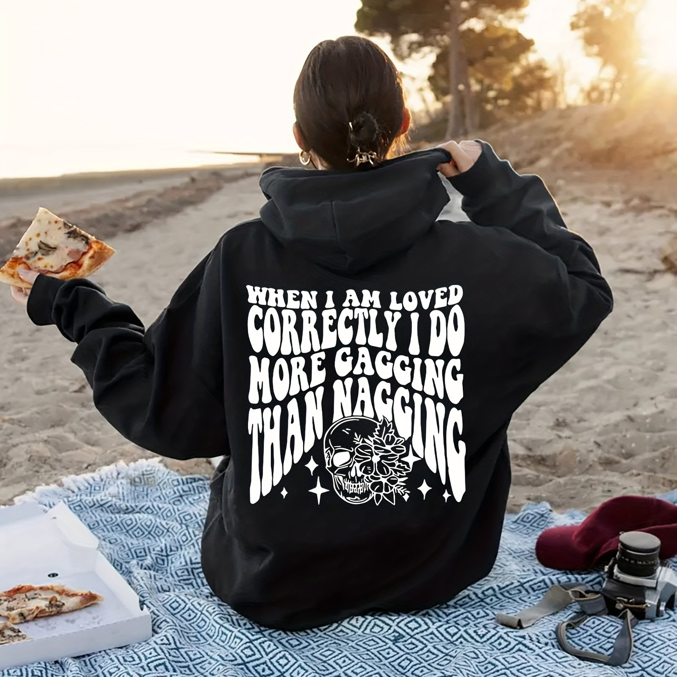 

Letter Slogan Skull Floral Pattern Print Hoodie, Drawstring Casual Hooded Sweatshirt For Winter And Fall, Women's