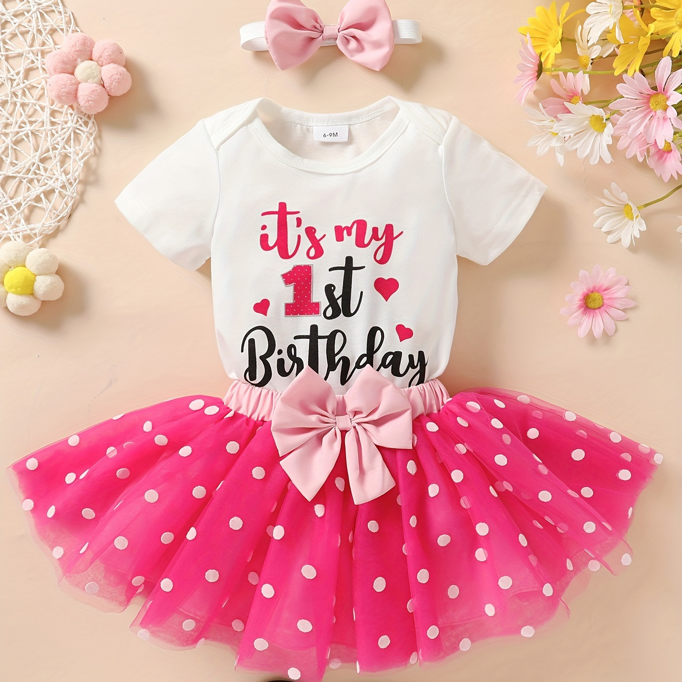 

Baby's "it's My 1st Birthday" Print 2pcs Lovely Outfit, Bodysuit & Bowknot Hairband & Polka Dots Pattern Mesh Tutu Skirt Set, Toddler & Infant Girl's Clothes For Daily/holiday/party