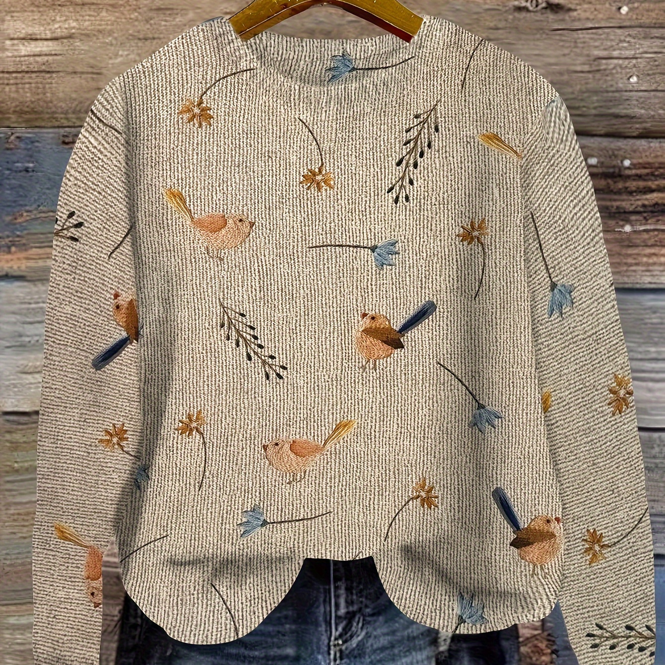 

Bird Pattern Crew Neck Sweater, Casual Long Sleeve Sweater For Fall & Winter, Women's Clothing