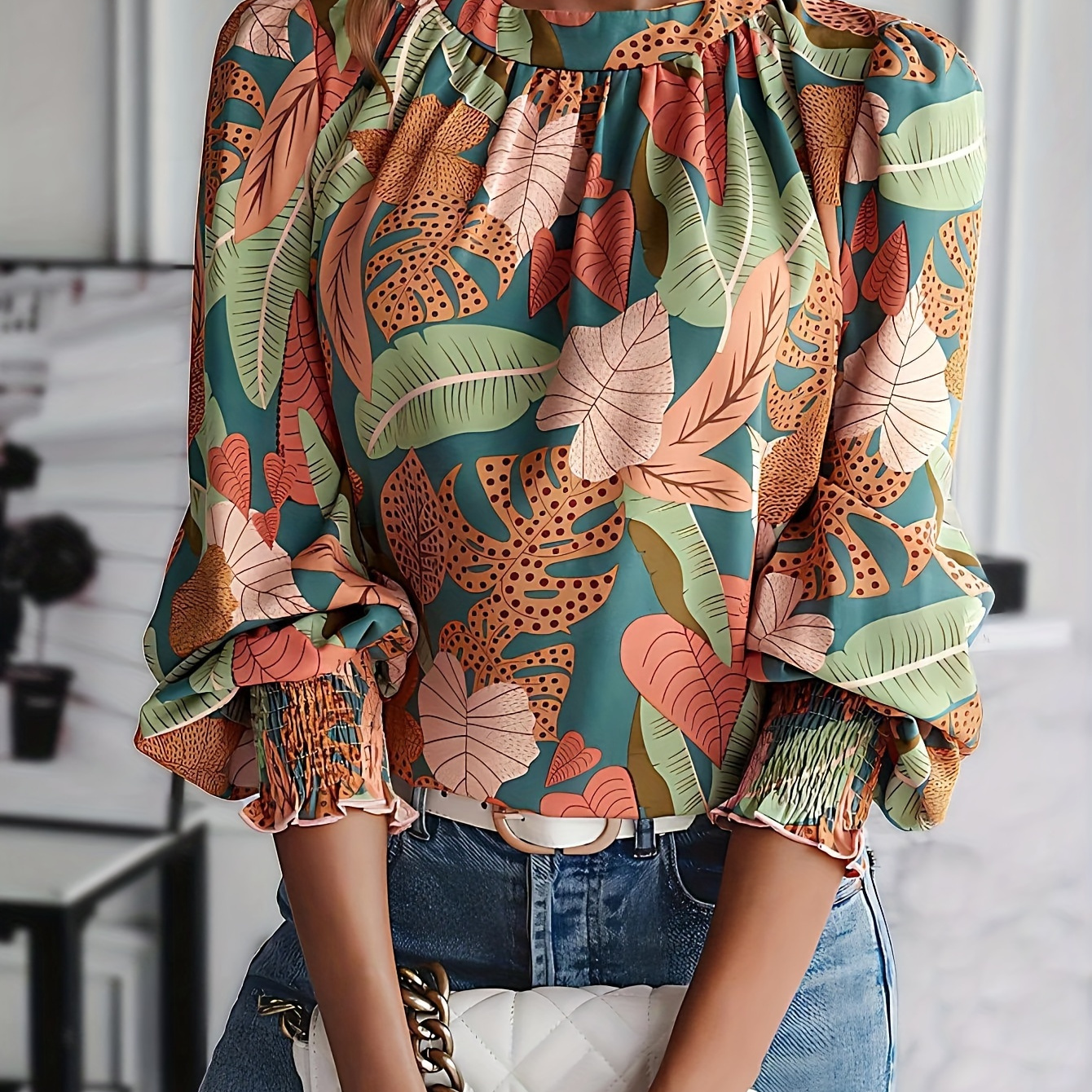 

Tropical Print Smocked Blouse, Vintage Lantern Sleeve Blouse For Spring & Fall, Women's Clothing