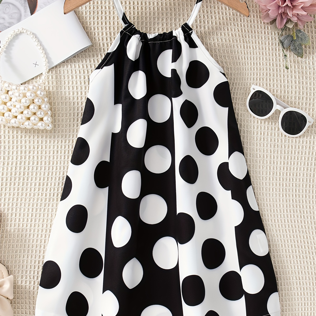 

Trendy Summer Dress For Girls With Thin Shoulder Straps, Sleeveless Design, Printed Polka Dot Pattern, Regular Fit, And Knee Length, Perfect For Casual Outings.