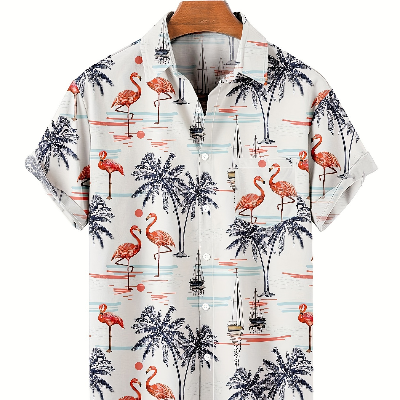 

Hawaiian Coconut Tree & Flamingo Print Men's Casual Short Sleeve Shirt, Men's Shirt For Summer Vacation Resort, Tops For Men, Gift For Men