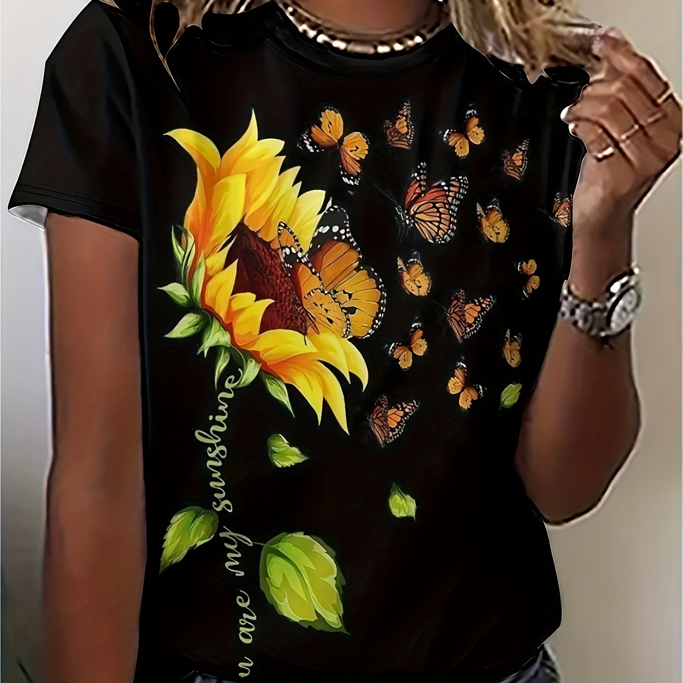 

Sunflower & Butterfly Print T-shirt, Casual Crew Neck Short Sleeve Top For Spring & Summer, Women's Clothing