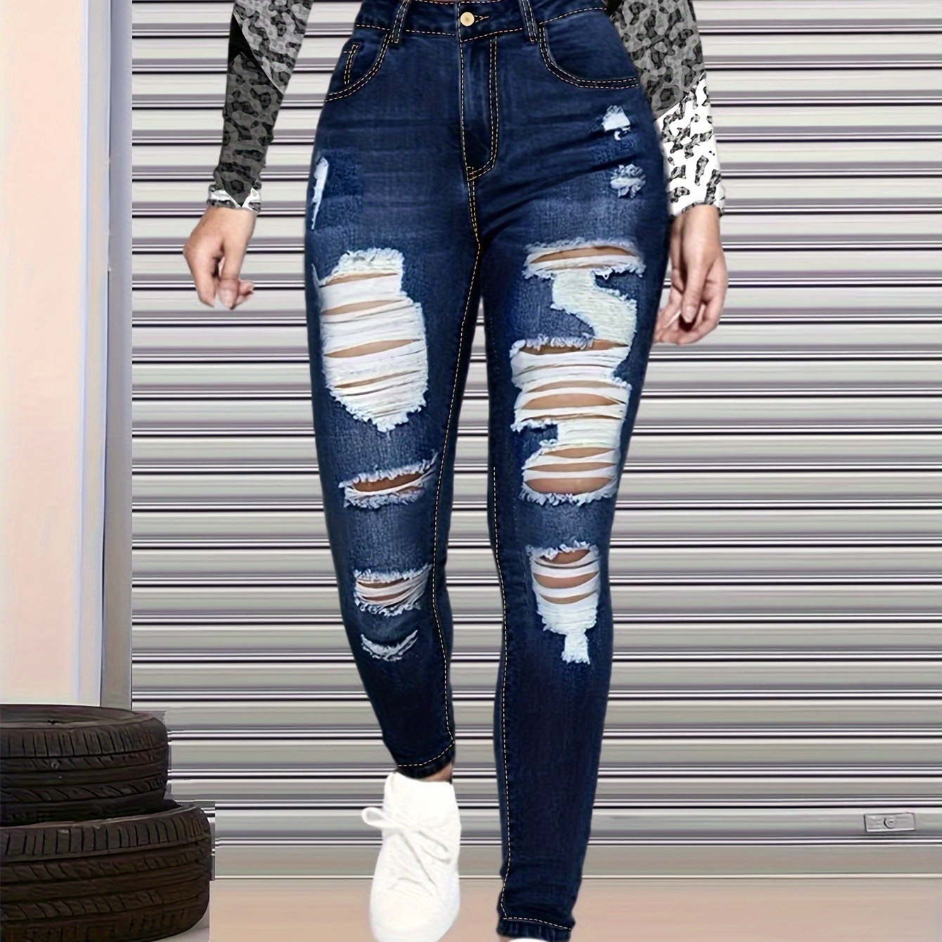 

Ripped Holes Casual Skinny Jeans, Slim Fit High Stretch Tight Jeans, Women's Denim Jeans & Clothing