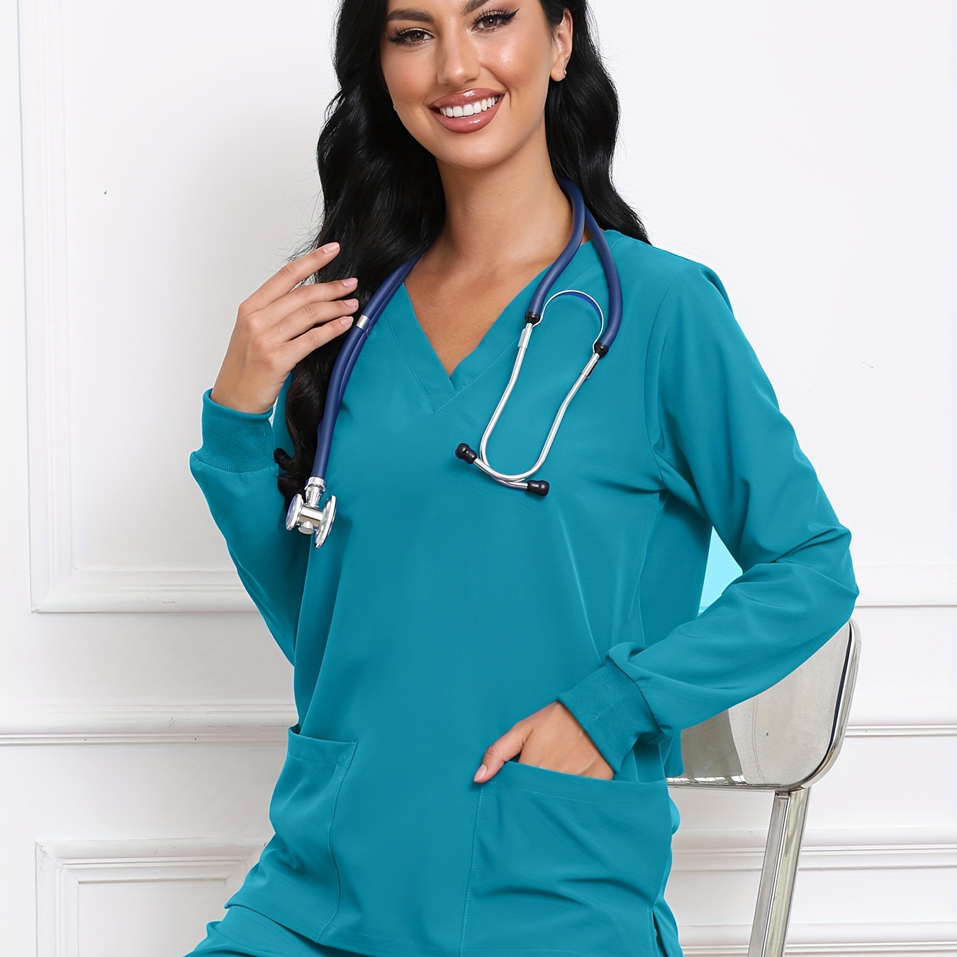 

Simple Long Sleeve Scrubs Top, Functional Patched Pockets Health Care Uniform, Women's Clothing