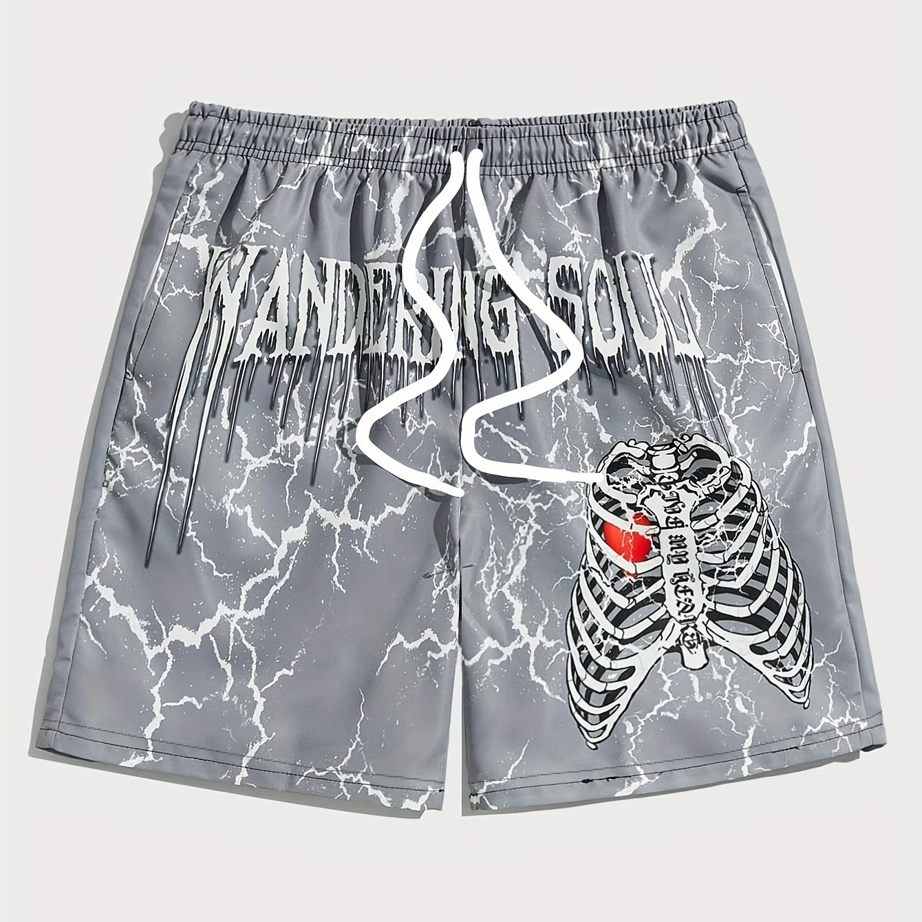 

Men' Casual Athletic Shorts, Lightning Print Beachwear, Outdoor Sportswear With Drawstring And Waistband,