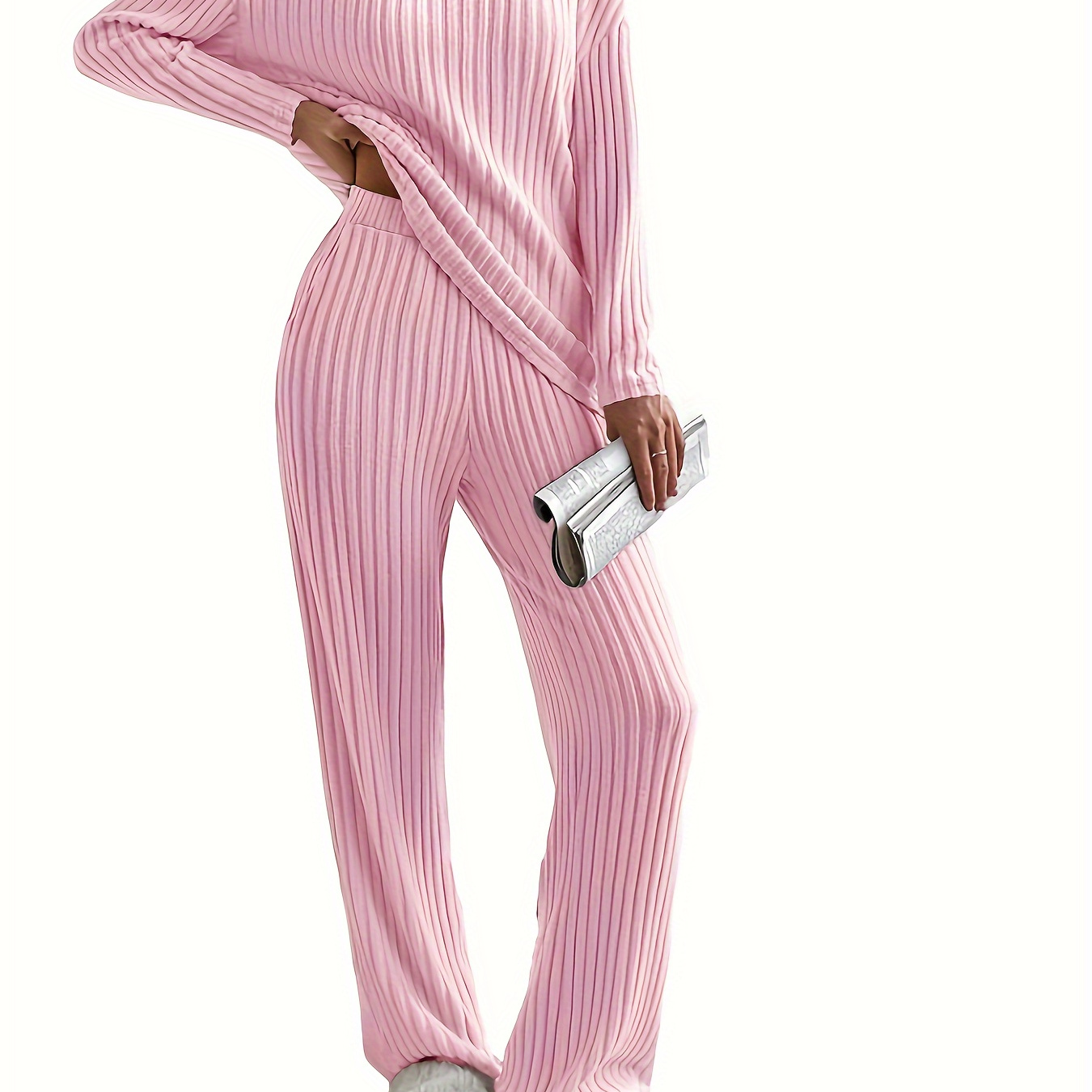 

Women's Casual V-neck Knitted Pantsuit Set With Pockets, Soft Polyester Long Sleeve Top And Waist Pants, Solid Color, Cozy Fall/winter Loungewear