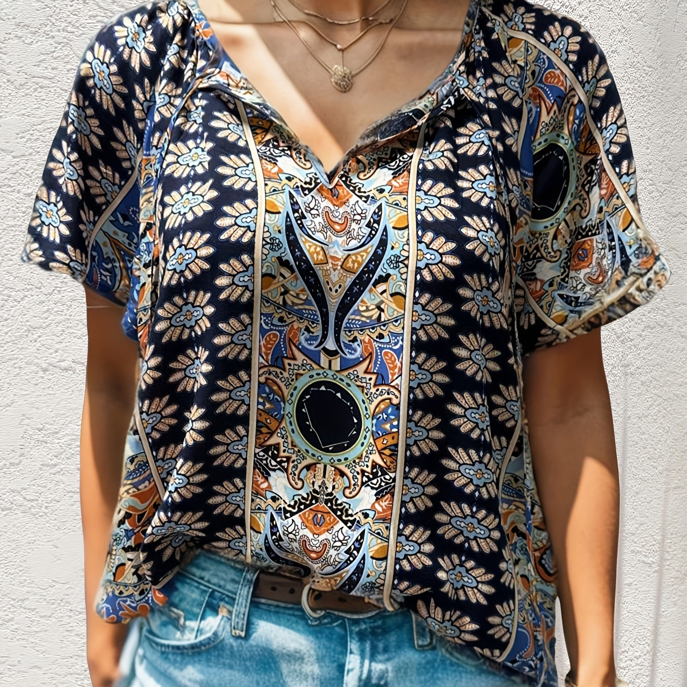 

Ethnic Print V Neck Blouse, Casual Short Sleeve Drawstring Blouse, Women's Clothing