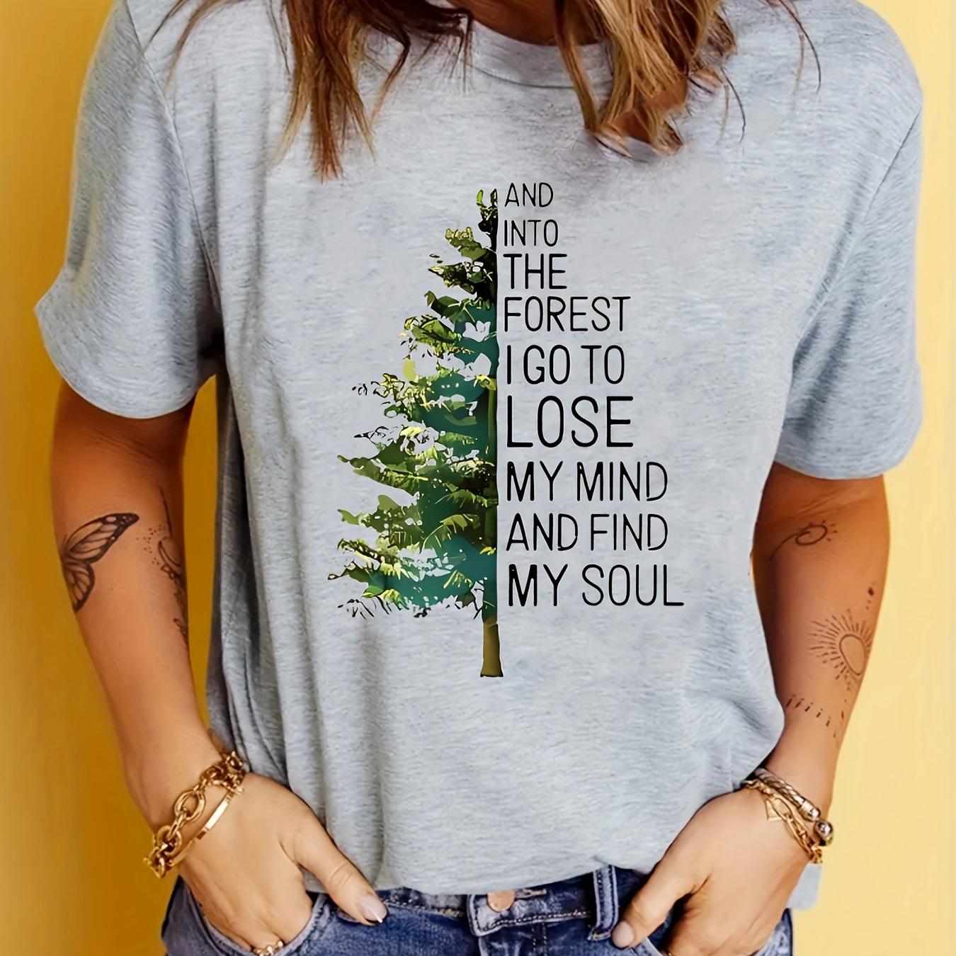 

Tree Print Crew Neck T-shirt, Short Sleeve Casual Top For Summer & Spring, Women's Clothing