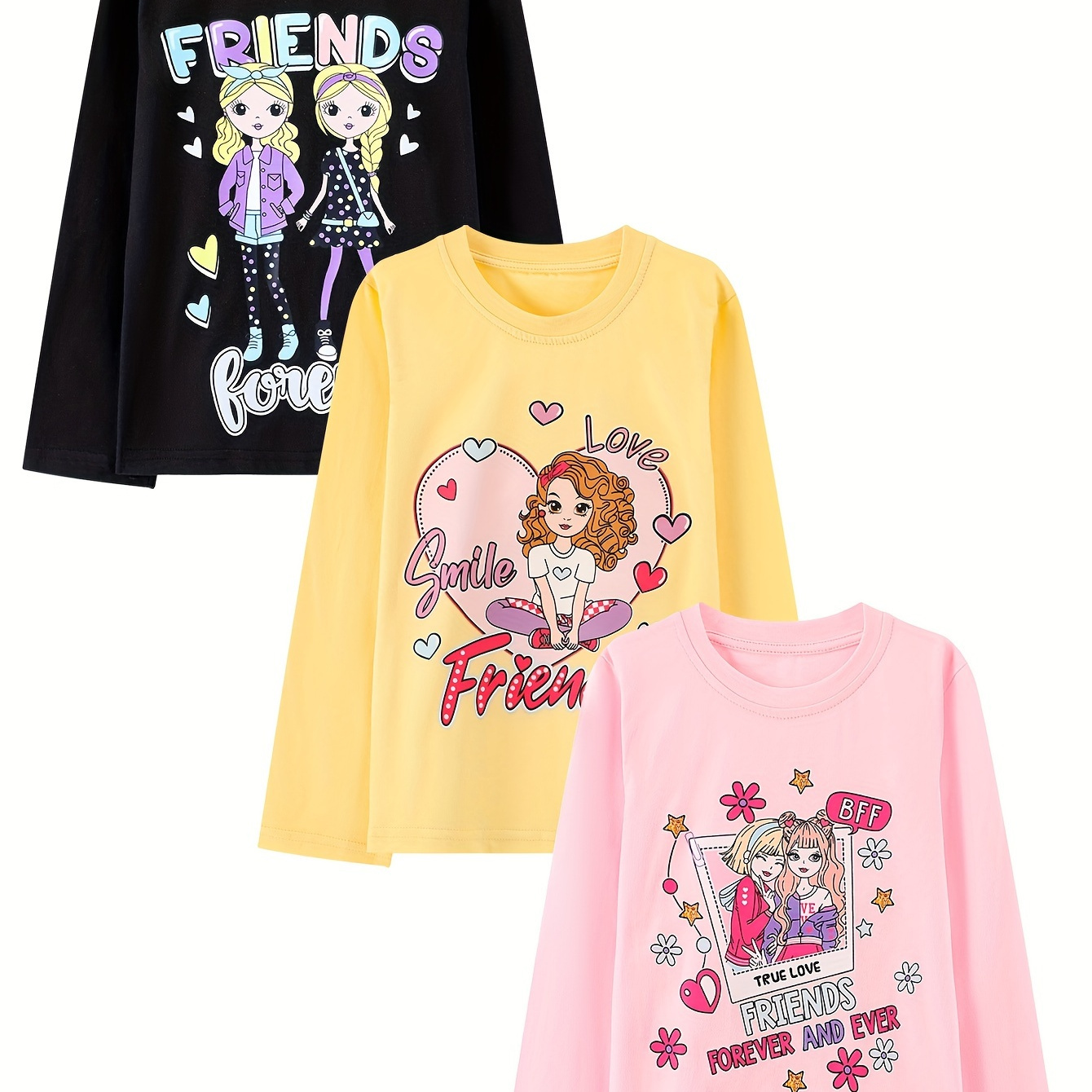 

Cartoon Female Friends & Hearts Graphic Print, Girls 3pcs/set Casual & Trendy Long Sleeve Cotton T-shirts For Spring & Fall, Girls Comfy Clothes For Street Wear As Birthday Gifts