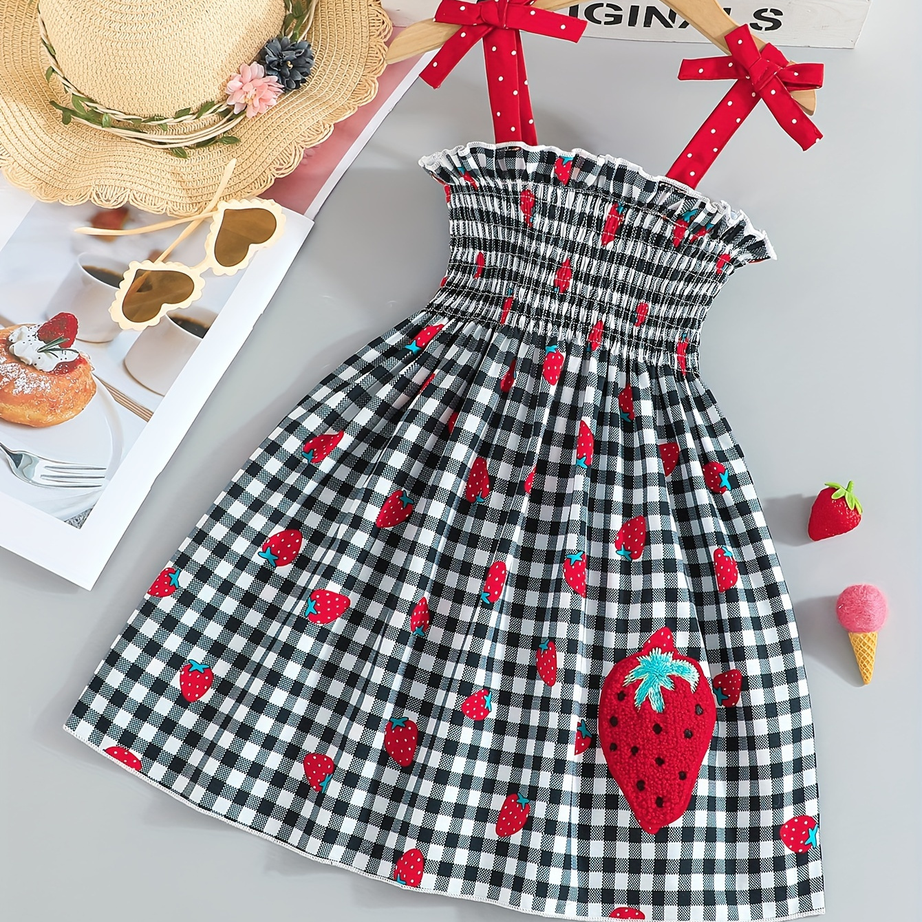 

Cartoon Cute Strawberry Plaid Print Bow Straps Suspender Dress For Girls Summer Holiday Party