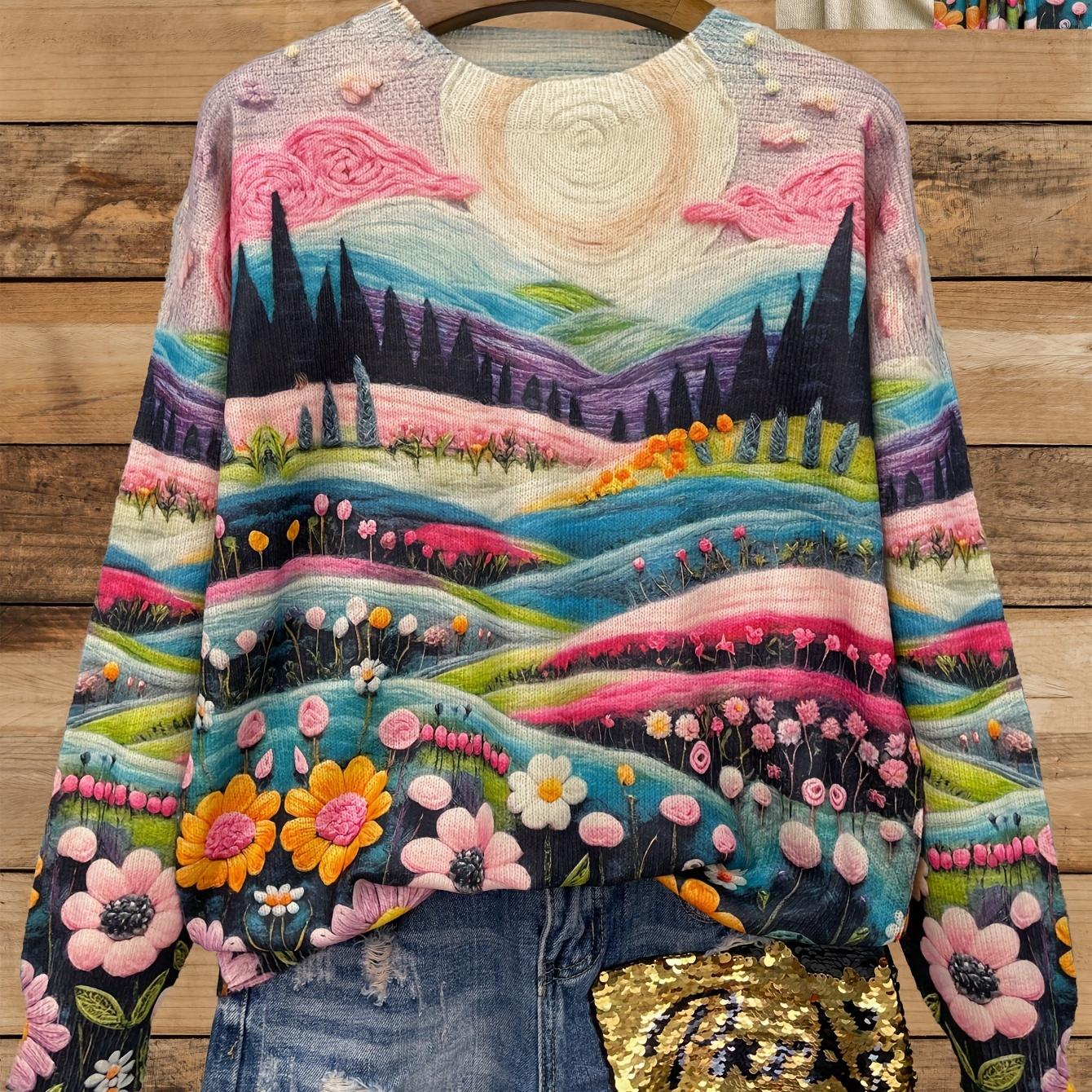 

Pull en Léger à Imprimé Intégral pour Femme - Motif Paysage Vibrant, Col Rond Décontracté à Manches Longues, Mélange de Polyester et Spandex