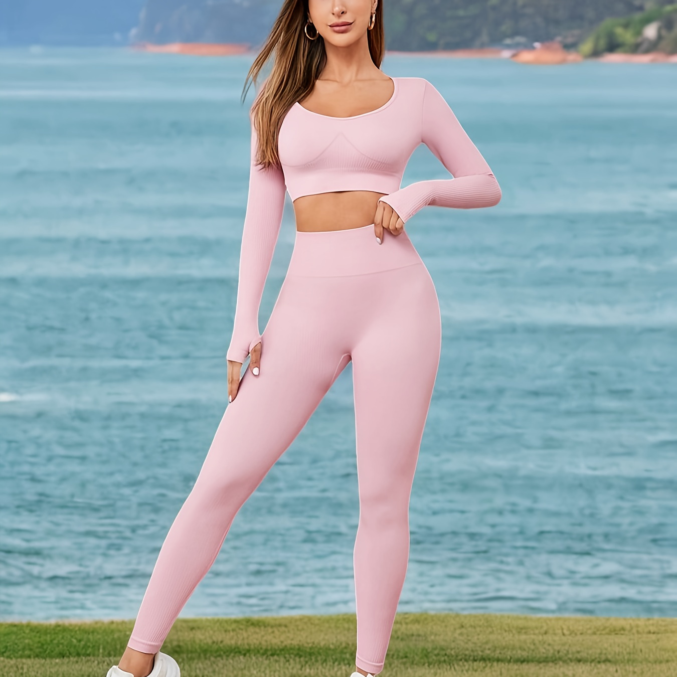 

Women's High-waist Yoga Set - Sweat-wicking Long Sleeve Crop Top & Leggings, Stretchy Nylon Activewear