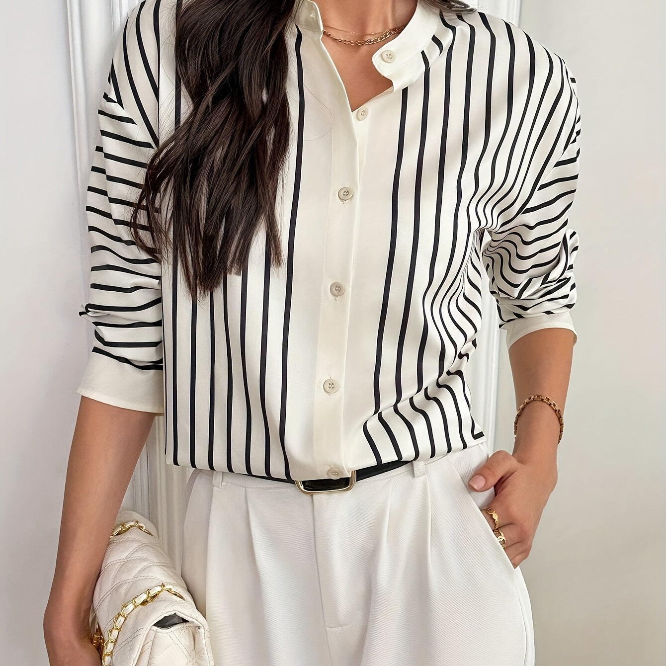 

Elegant Striped Long Sleeve Blouse For Women - Chic Button-up, Non-stretch Polyester, Machine Washable