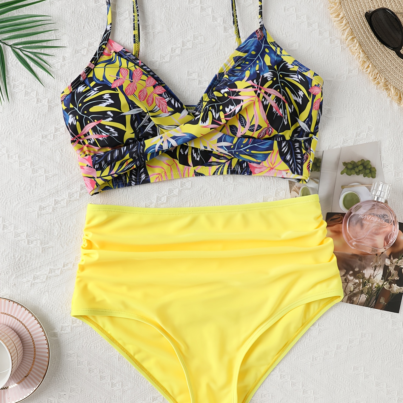 

Tropical Print 2 Piece Set Bikini, V Neck Ruched High Cut Swimsuits, Women's Swimwear & Clothing