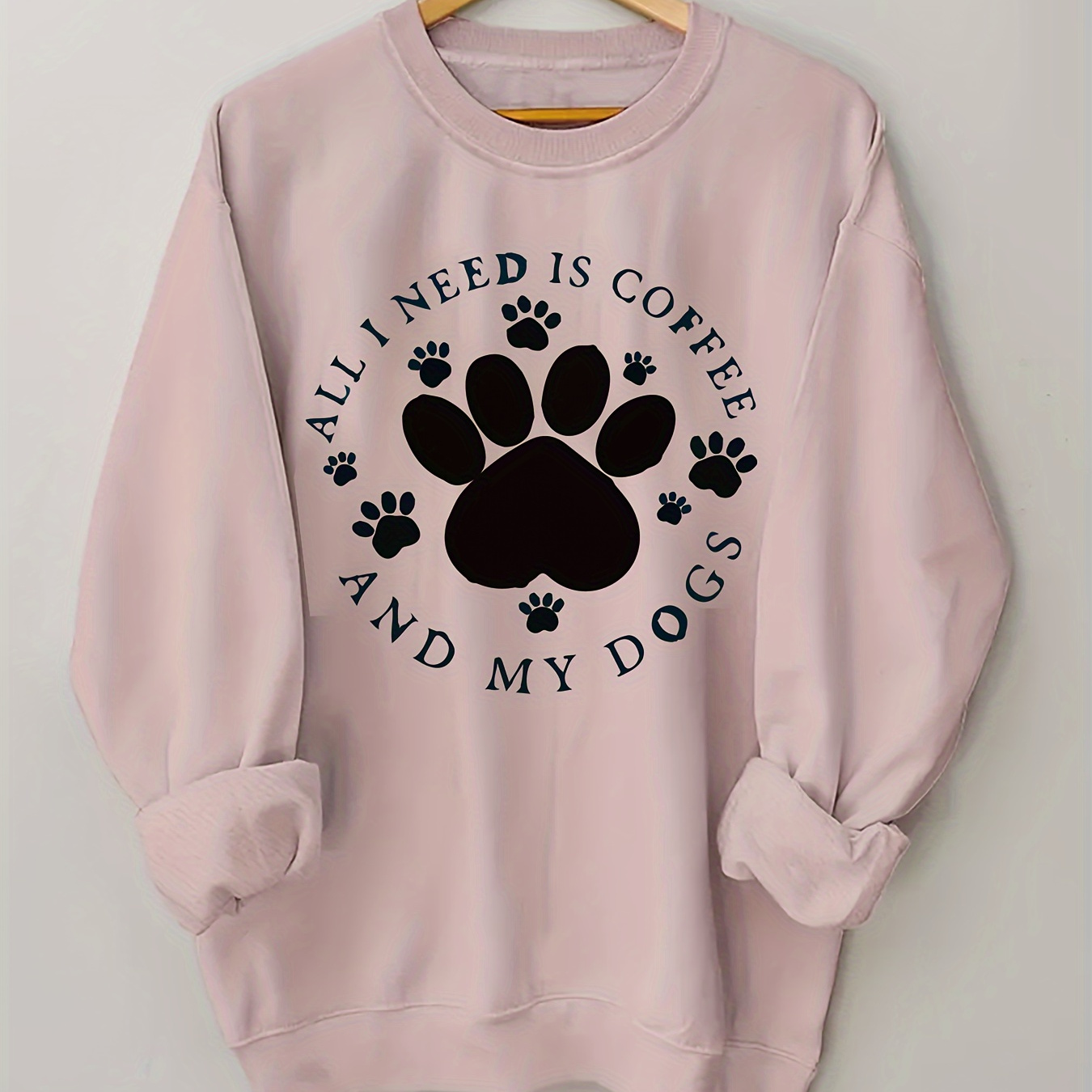 

Plus Size Dog Paw Print & Coffee Slogan Sweatshirt - Casual Crew Neck Polyester Knit Pullover With Slight Stretch For Fall/winter