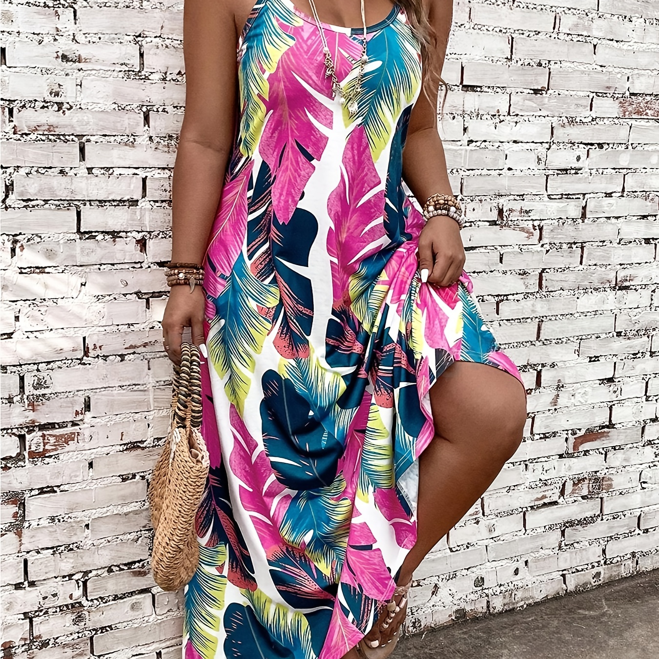 

Plus Size Tropical Print Cami Dress, Vacation Style Sleeveless Crew Neck Long Length Spaghetti Strap Dress For Spring & Summer, Women's Plus Size Clothing