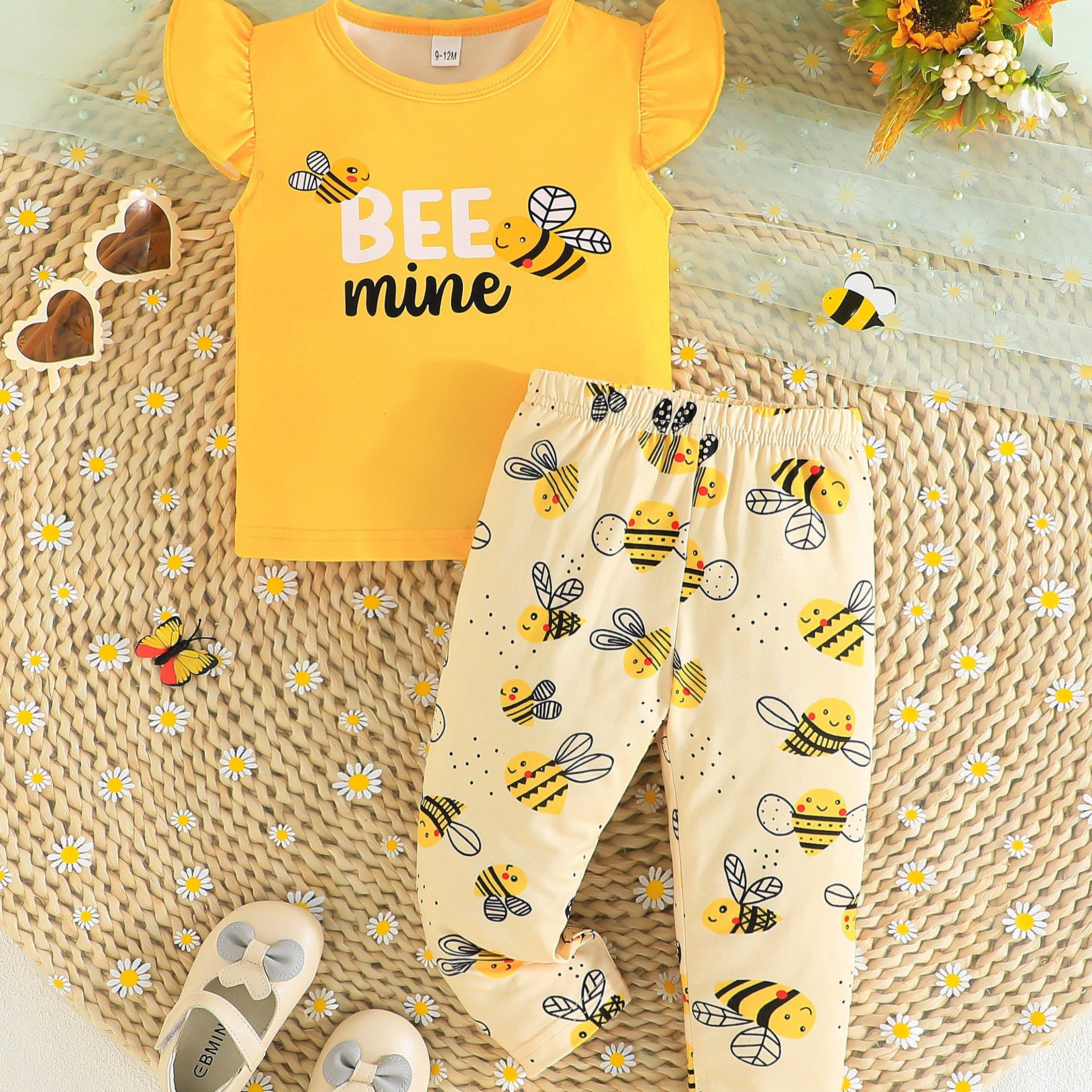 

2pcs Infant & Toddler's "bee Mine" Print Lovely Outfit, Cap Sleeve Top & Cartoon Bee Full Print Pants, Baby Girl's Clothes