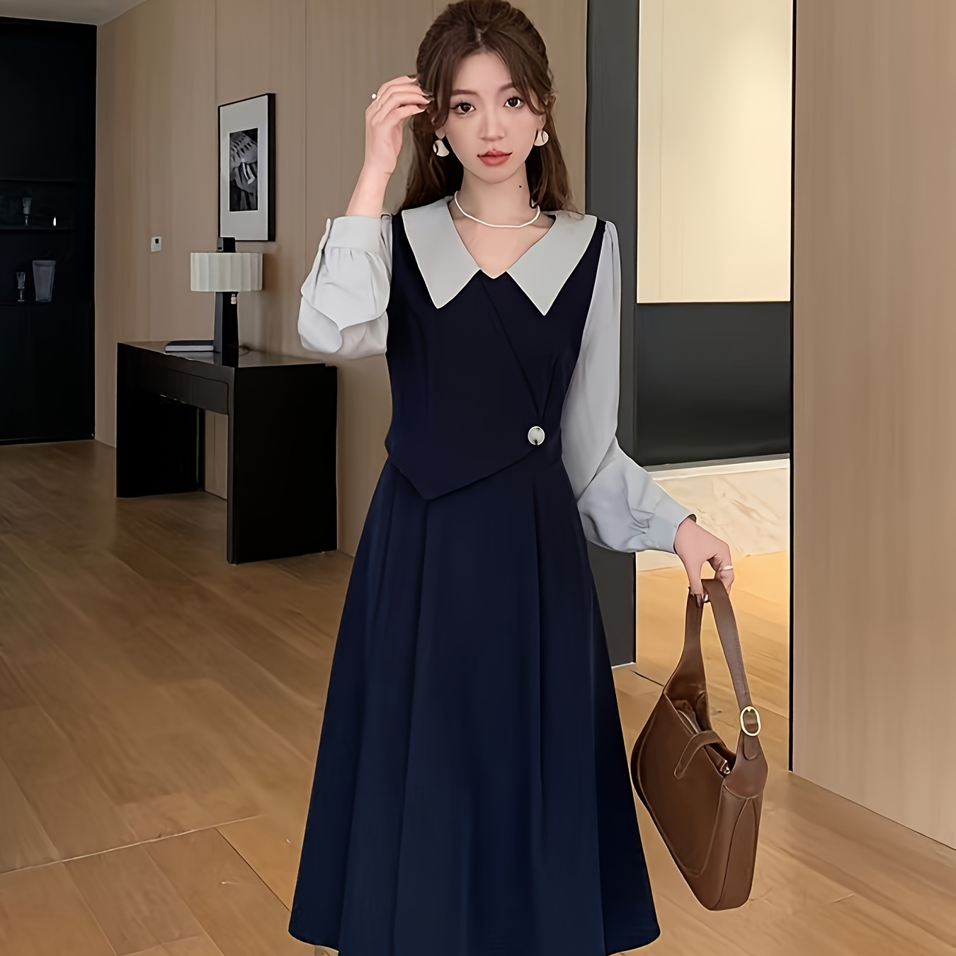 

Color Block Faux Twinset Dress, Elegant Long Sleeve Collar A-line Asymmetric Dress For Spring & Fall, Women's Clothing