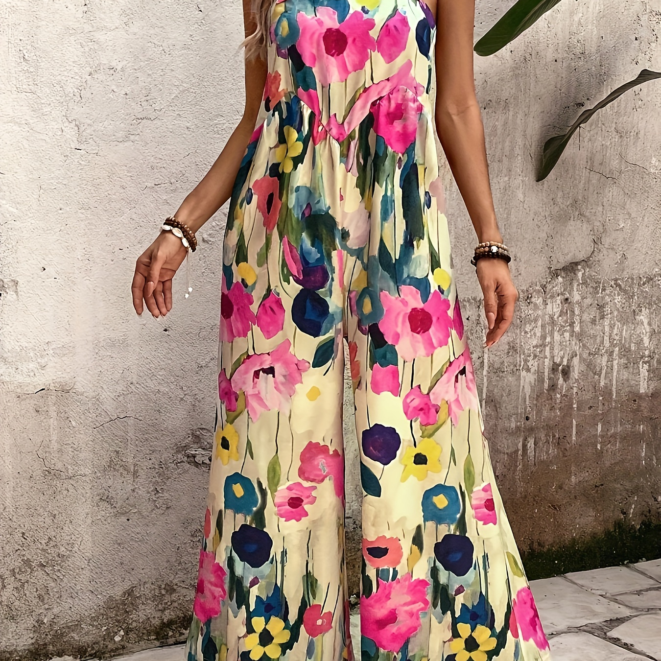 

Floral Print Wide Leg Jumpsuit, Casual Sleeveless Wide Leg Jumpsuit For Spring & Summer, Women's Clothing