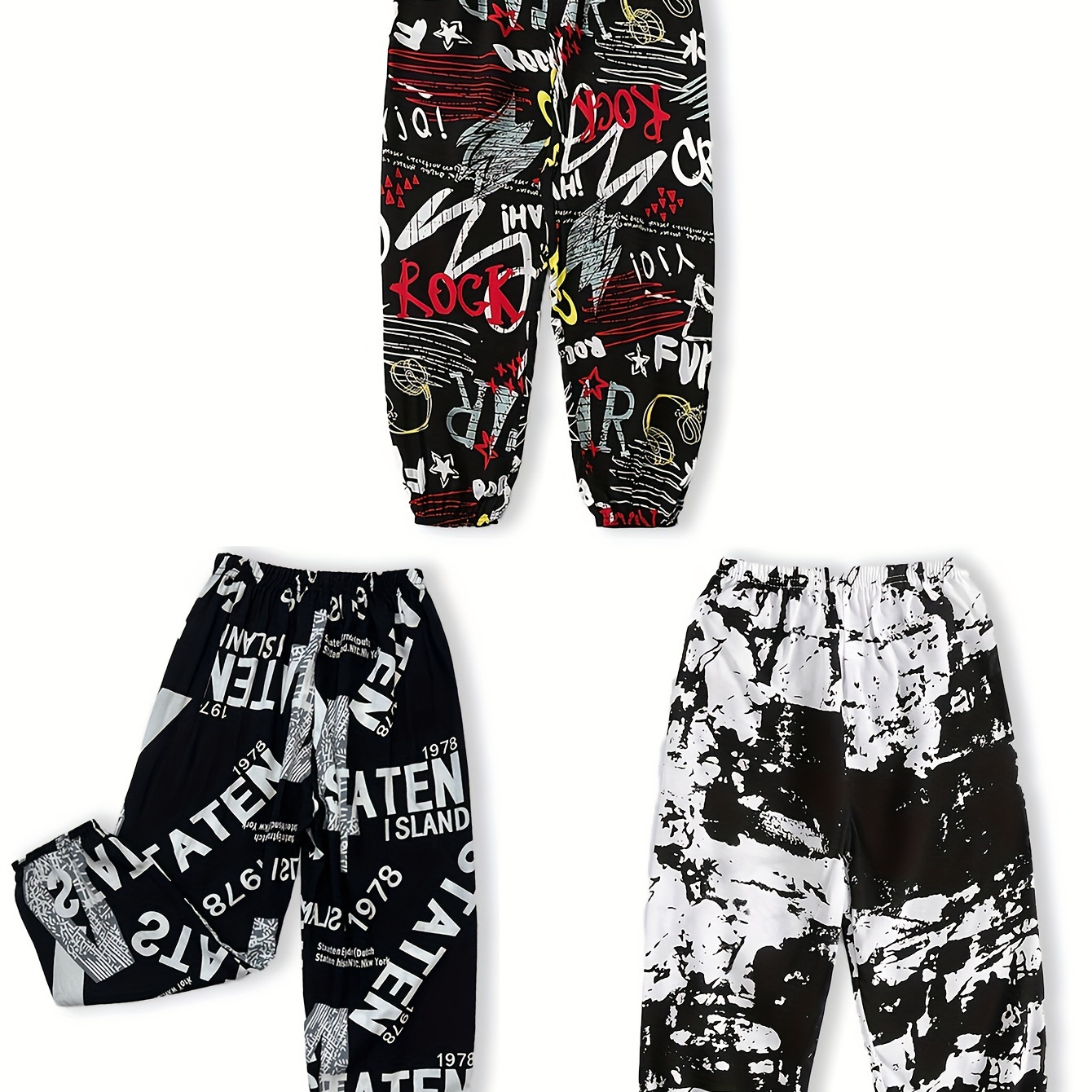 

3-pack Boys Summer Lightweight Beach Jogger Pants, Letter Graffiti And Tie Dye Pattern Casual Harem Trousers For Boys