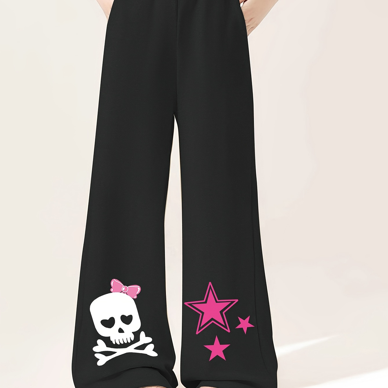 

Creative Skull Stars Graphic Print Girl's Wide Leg Pants, Casual Comfortable Loose Trousers For Autumn