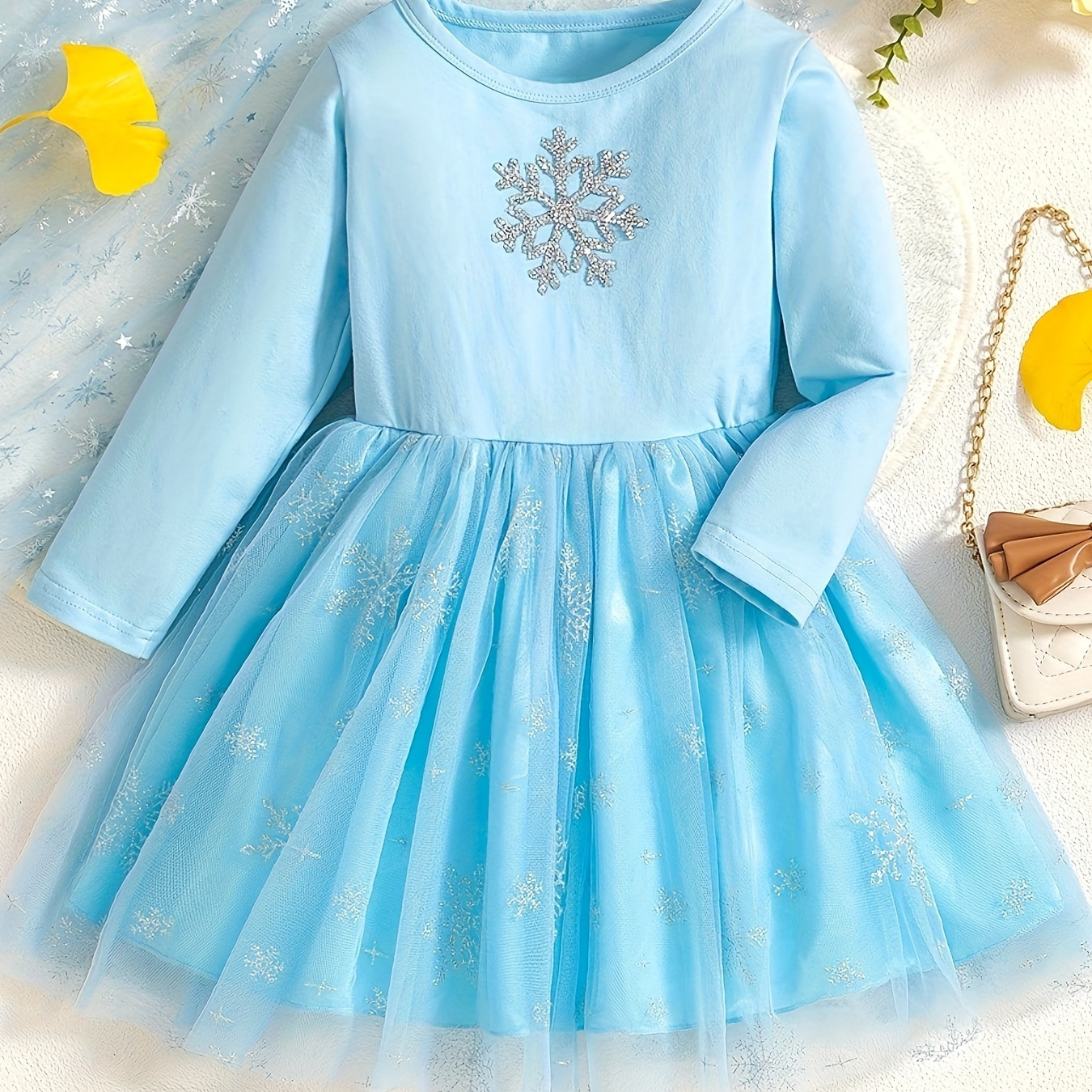 

100% Cotton Snowflake Pattern Long-sleeve Princess Dress For Girls, Spring & Fall Daily Holiday Casual Dresses, Party, As Gift