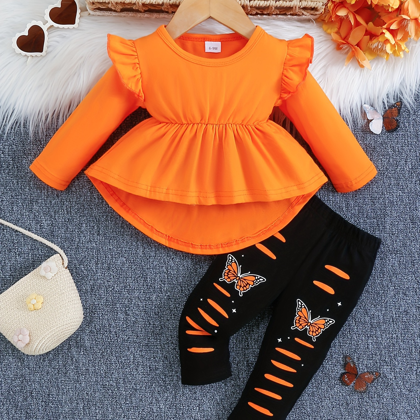 

2- 's Ruffle Decor Peplum Top + Pants, Toddler & Infant Girl's Clothing Set For Fall , Cloth