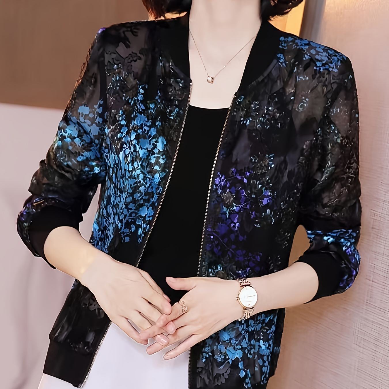 

Floral Print Zipper Jacket, Elegant Long Sleeve Outwear For Spring & Fall, Women's Clothing