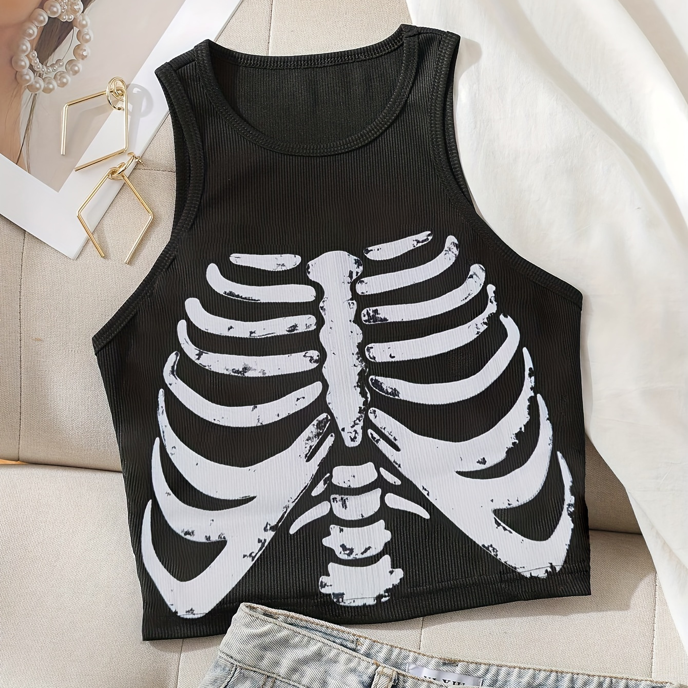 

Skeleton Print Tank Top, Casual Sleeveless Top For , Women's Clothing