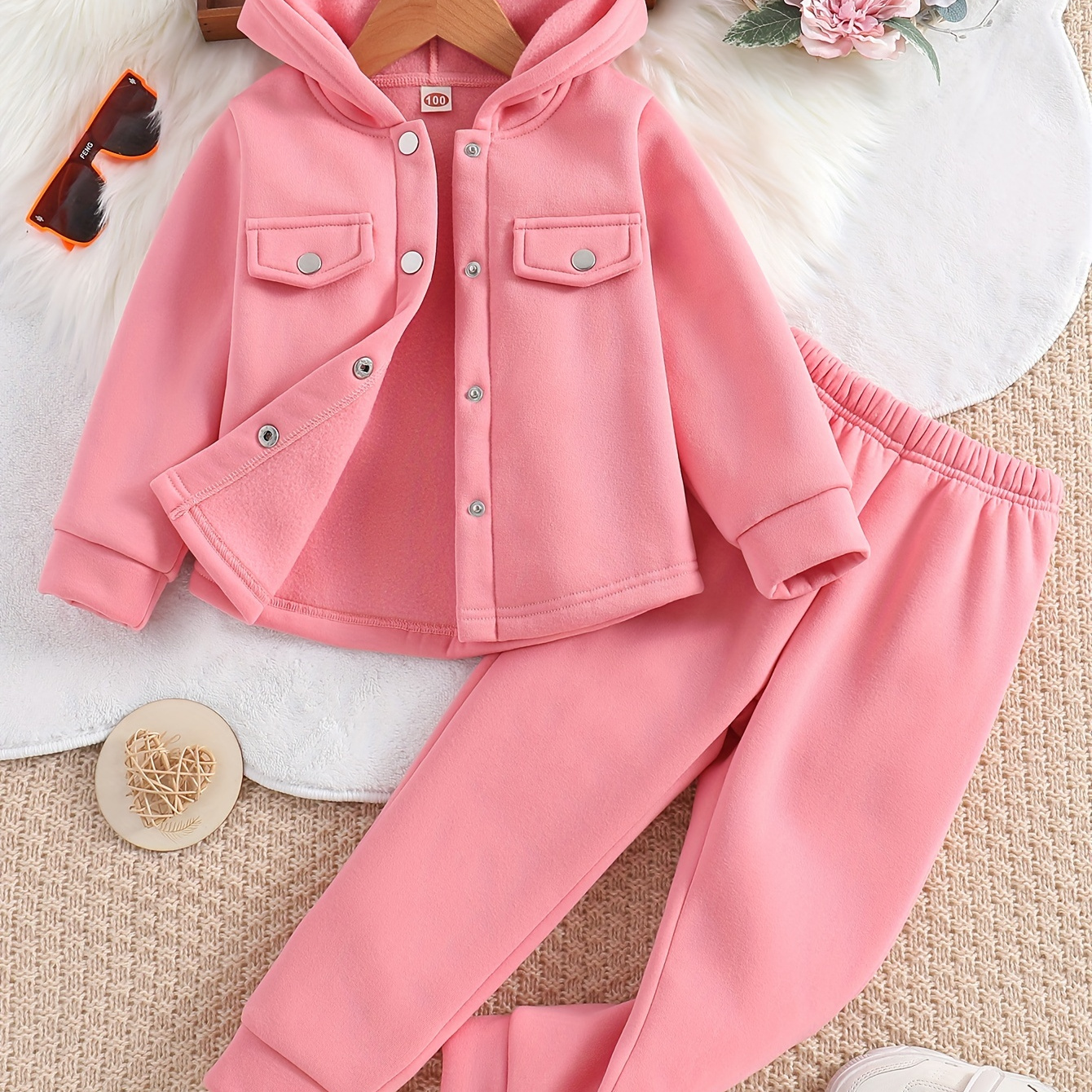 

Girls' 2-piece Sets, Button Front Hooded Jacket + Jogger Pants, Autumn Clothes Party Sports